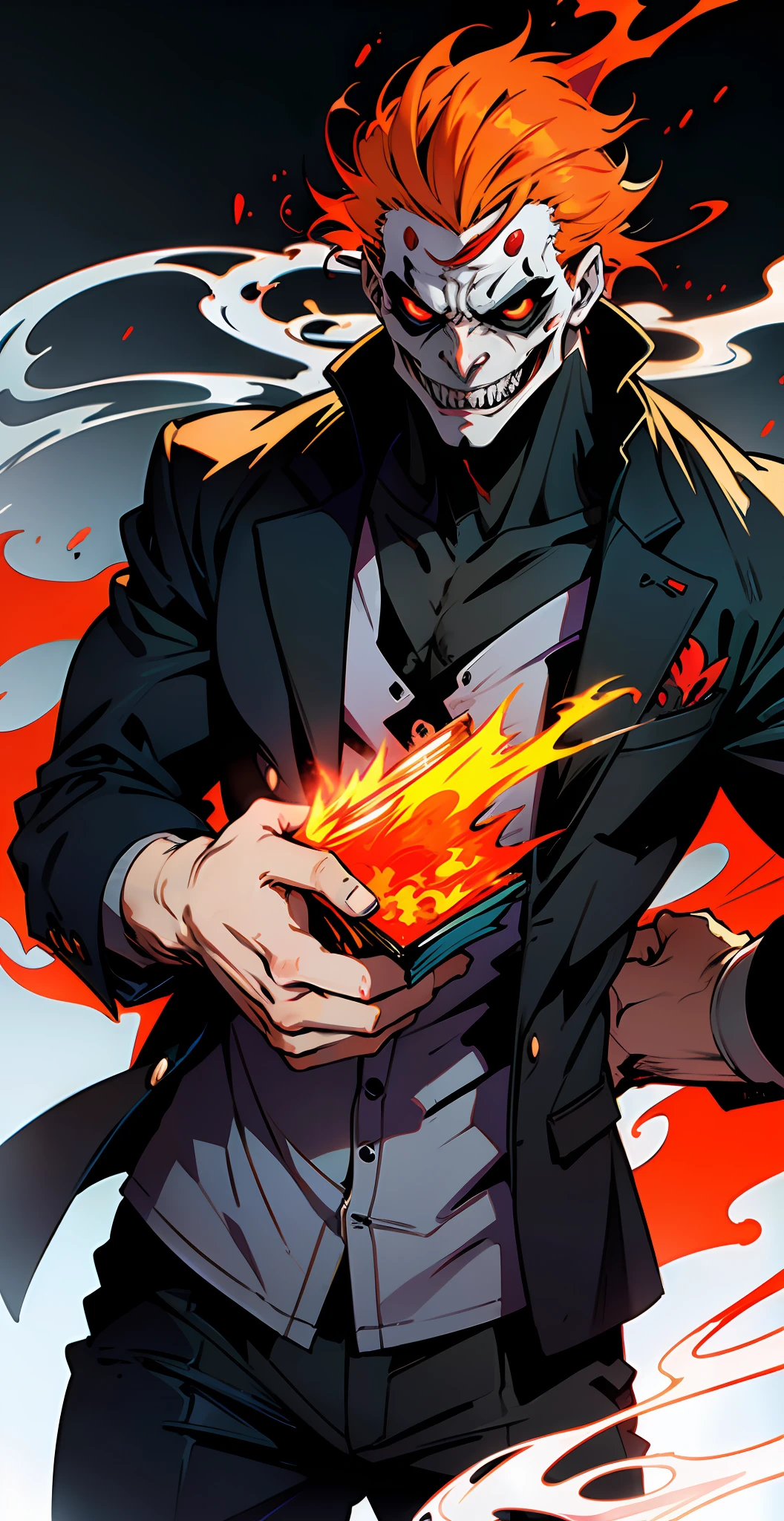 A mashup of Joker, Ghost Rider, and Hellboy in an anime style. ((Fiery aura)) ((Smoke effects)) ((Comic book-like shading)) ((Dark color palette))