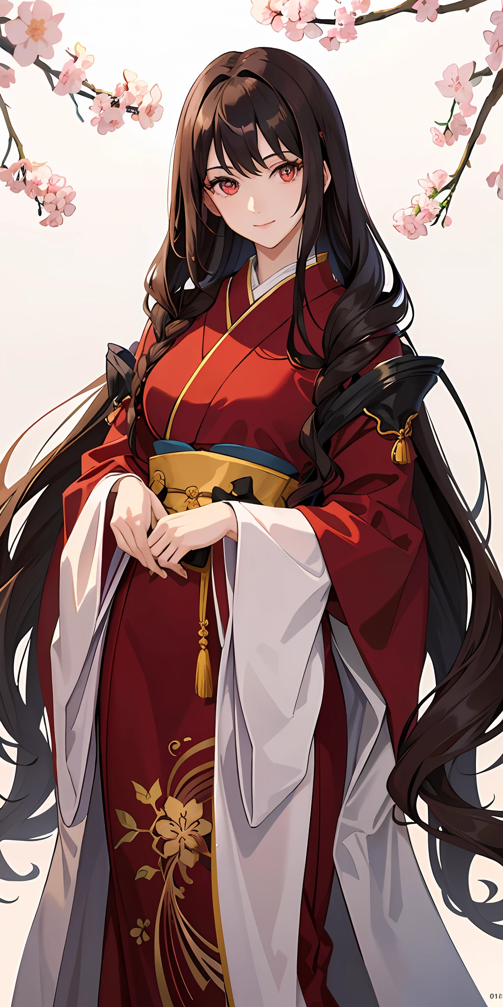 ((masterpiece, best quality)), manga, (1woman, mature), long hair, dark brown hair, beautiful hair, red eyes, beautiful eyes, slight smile, hair is tied into two tails, straight hair, Japanese style dress for its beauty and elegance, sakura tree background, looking at the viewer, clear,