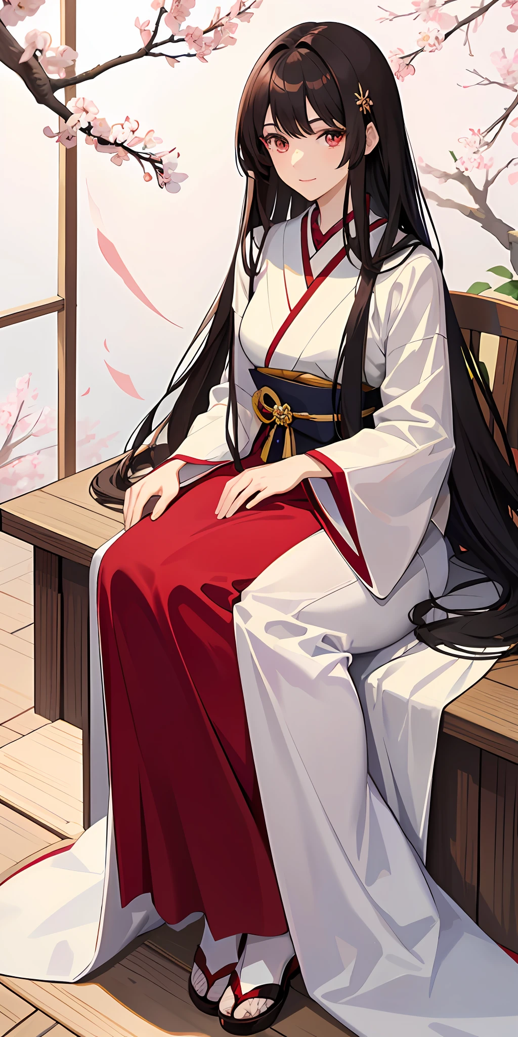 ((masterpiece, best quality)), manga, (1woman, mature), long hair, dark brown hair, beautiful hair, red eyes, beautiful eyes, slight smile, hair is tied into two tails, straight hair, Japanese style dress for its beauty and elegance, sakura tree background, looking at the viewer, clear,
