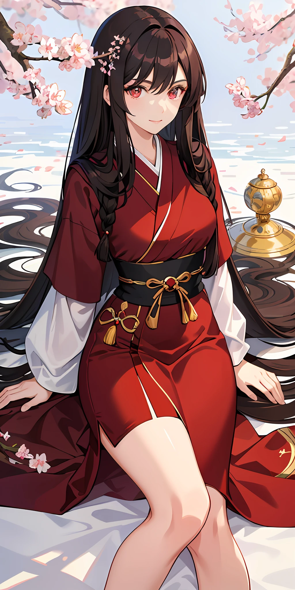 ((masterpiece, best quality)), manga, (1woman, mature), long hair, dark brown hair, beautiful hair, red eyes, beautiful eyes, slight smile, hair is tied into two tails, straight hair, Japanese style dress for its beauty and elegance, sakura tree background, looking at the viewer, clear,