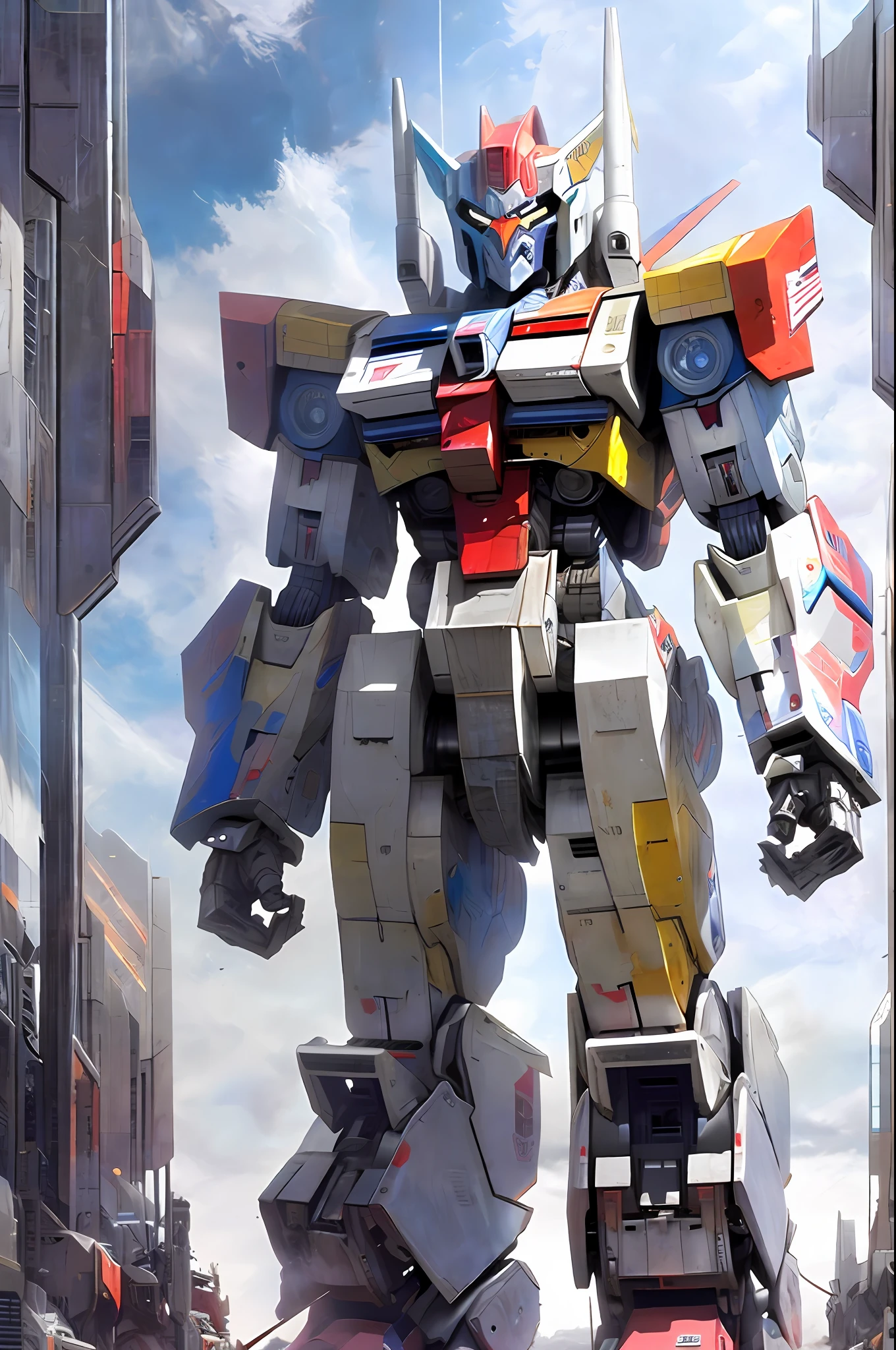 Optimus Prime body, Gundam head, casual background