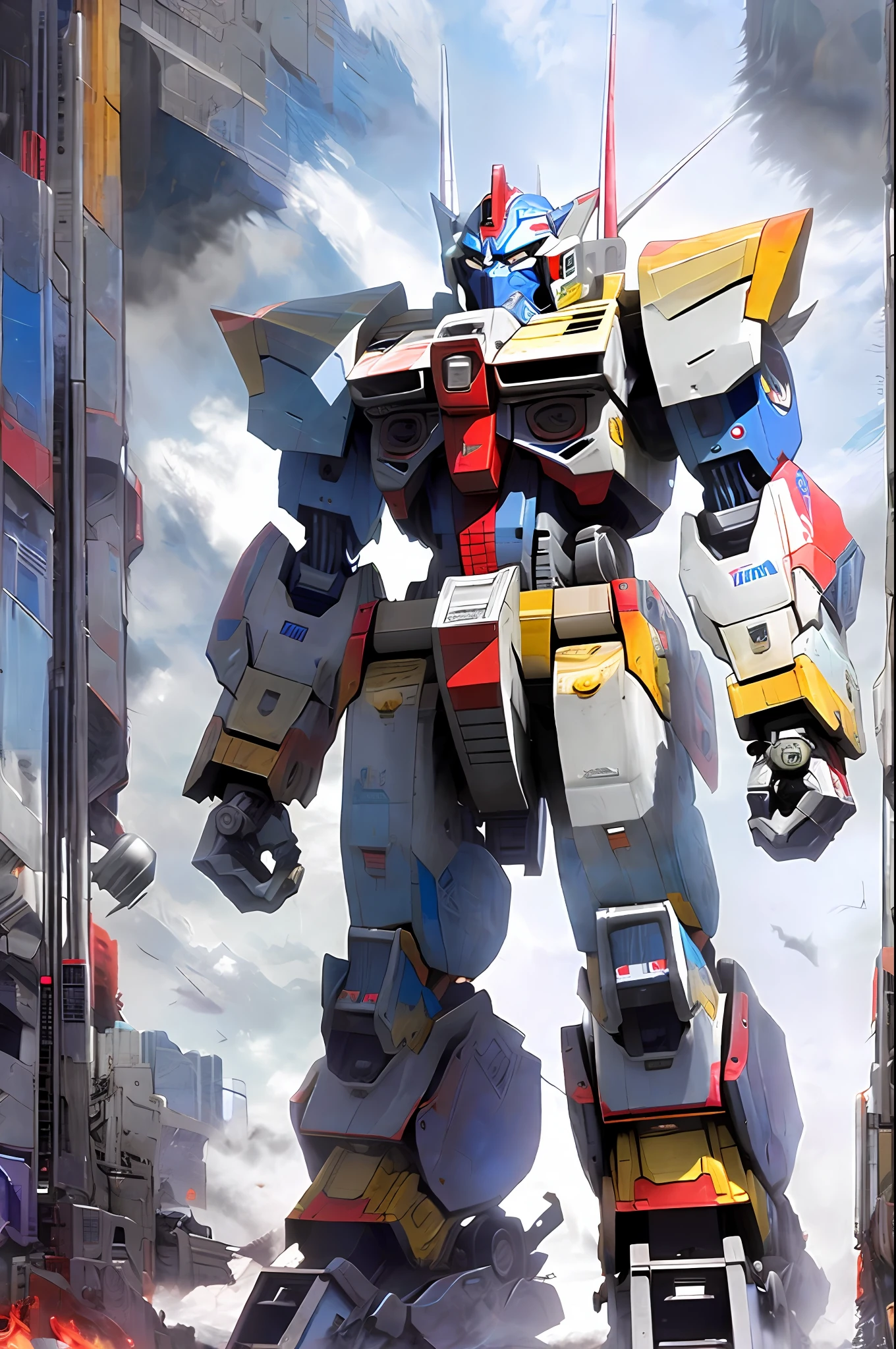 Optimus Prime body, Gundam head, casual background