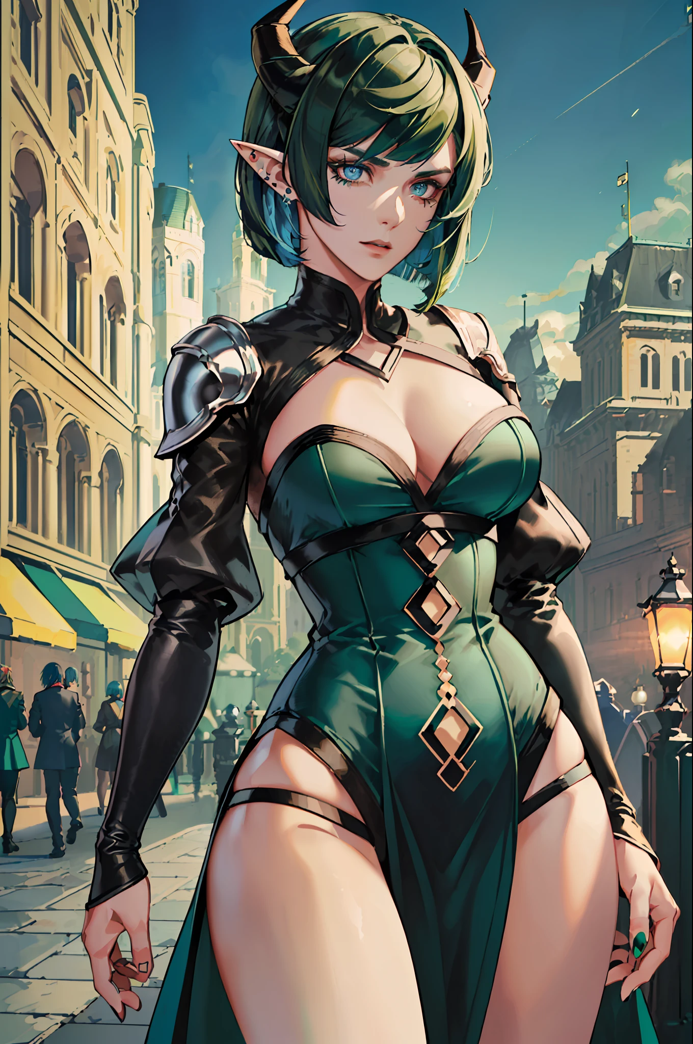 ((highest quality, masterpiece, 4k, finely detailed, detailed eyes, detailed face, gelbooru, pixiv)), warm lighting, ((highest quality, masterpiece, 4k, finely detailed, detailed eyes, detailed face, gelbooru, pixiv)), warm lighting, ((solo)), 1 woman, adult woman, mature woman, wide hips, seductive, ((two demon horns)), ((very sharp eye shape, dark mascara, steel blue eye color)), (((green haircolor, shaggy hair, bob haircut)), looking at viewer, mean expression, ((modern dress, dark black color)), dominant pose, ((pointy ears)), ((modern setting)), standing on top of hill, castle in the background