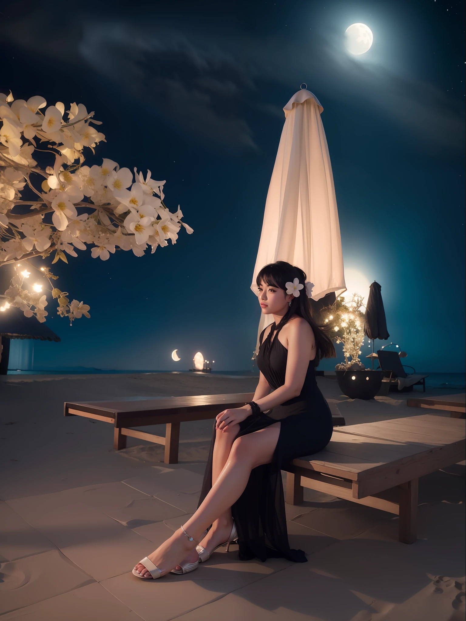 Starry night at beach, moon light, beautiful girl, ultra detailed beautiful face, ultra detailed beautiful legs, ultra detailed beautiful hands
