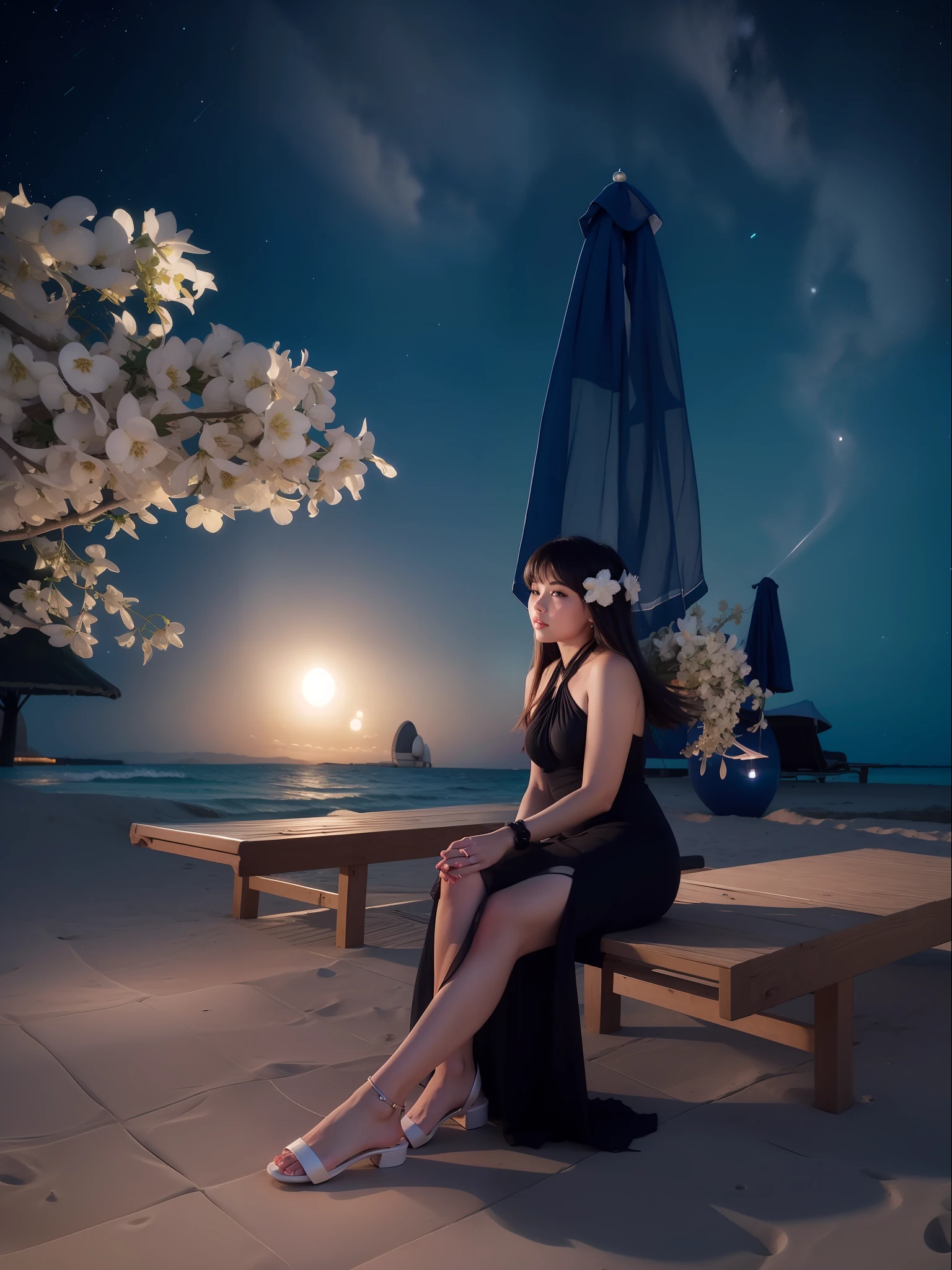 Starry night at beach, moon light, beautiful girl, ultra detailed beautiful face, ultra detailed beautiful legs, ultra detailed beautiful hands