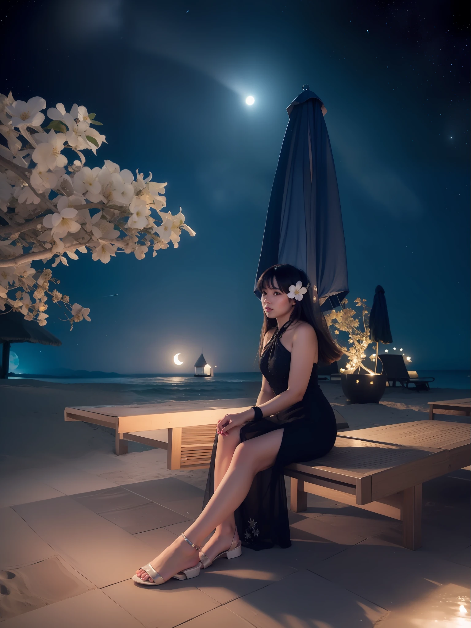 Starry night at beach, moon light, beautiful girl, ultra detailed beautiful face, ultra detailed beautiful legs, ultra detailed beautiful hands