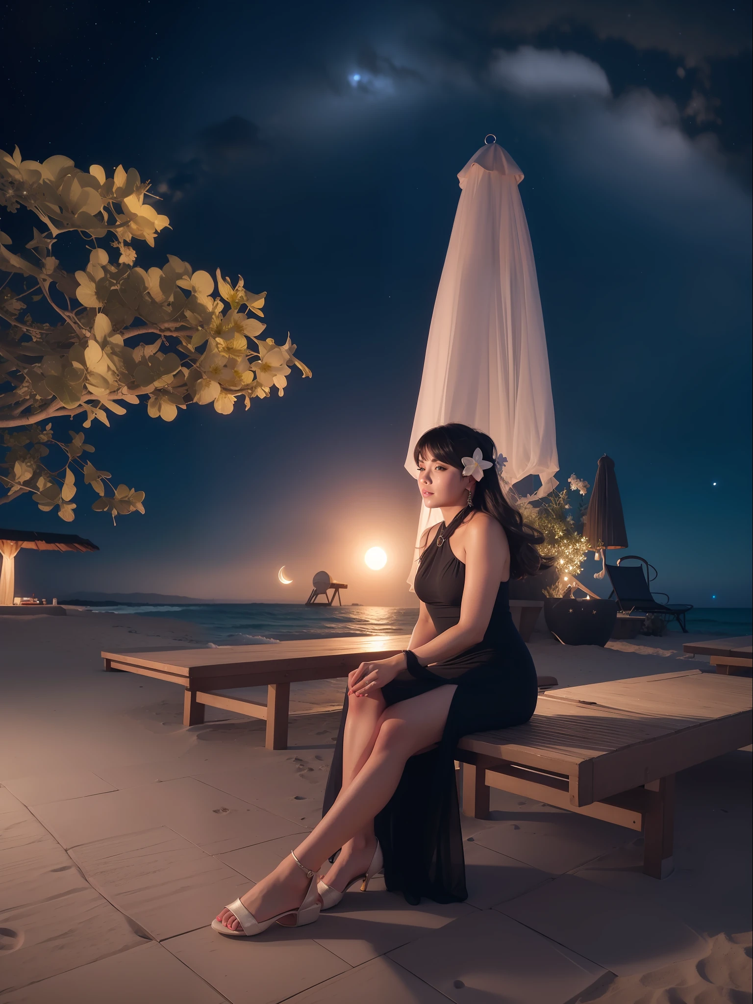 Starry night at beach, moon light, beautiful girl, ultra detailed beautiful face, ultra detailed beautiful legs, ultra detailed beautiful hands