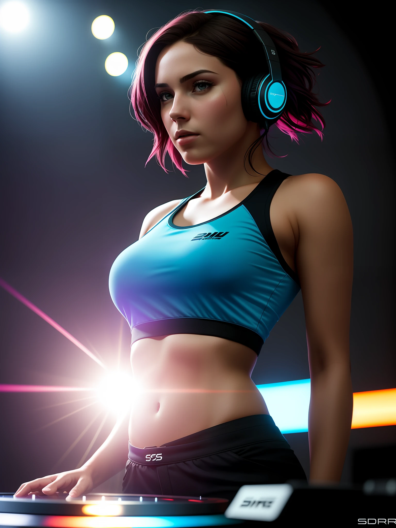 ssdarts a female dj with headphones, performing live on stage on a shiny dj turntable, dynamic pose, extatic, sweaty skin, sweaty clothes,wet short hair, ,dark athmosphere, Hyper-Realistic, Hyper-Detailed, best quality masterpiece, photorealistic, detailed, sharp focus, 8k, HDR, shallow depth of field, broad light, high contrast, backlighting, bloom, chromatic aberration, sharp focus,Artgerm, Greg Rutkowski, 35mm