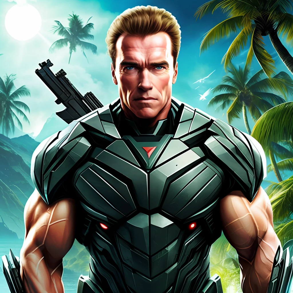 Arnold Schwarzenegger on the cover of the game crysis with helmetless armor