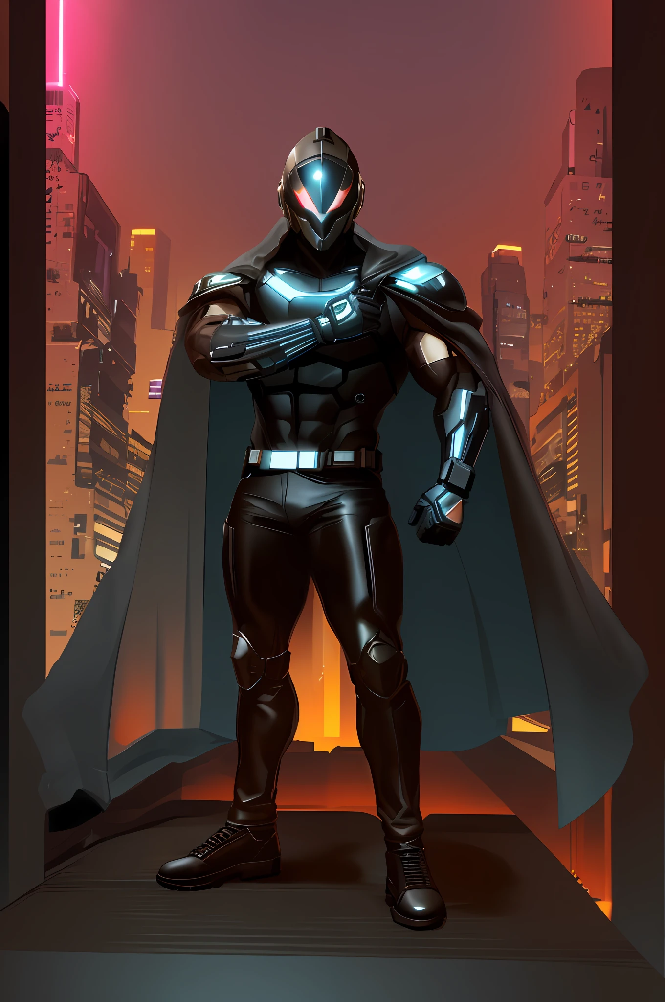 (masterpiece, best quality, high detailed) male, adult male, muscular!, muscular male!!, superhero propotional body, biceps, (brown skin), faceless, faceless male, (masked, futuristic helmet, cyberpunk helmet, helmet covering all of face), outfit, (black tanktop, dark gray longpants, leather flat shoes, brown socks, futuristic gloves, cloak), standing pose, city background, cyberpunk background, (cyberpunk light), brightness:1.2, render, (lineart, bold lineart)