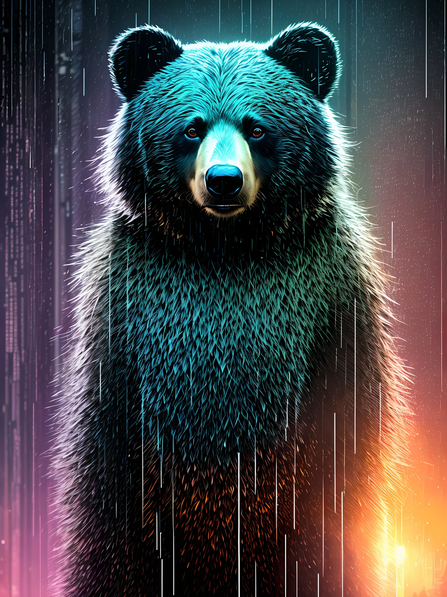 Black bear mixing [album cover] digital style, HDR, detail
teddy plush, wet, (cyberpunk: 1.1), rain, epic realistic, rutkowski, HDR, intricate details, hyperdetailed, cinematic, rim light, muted colors