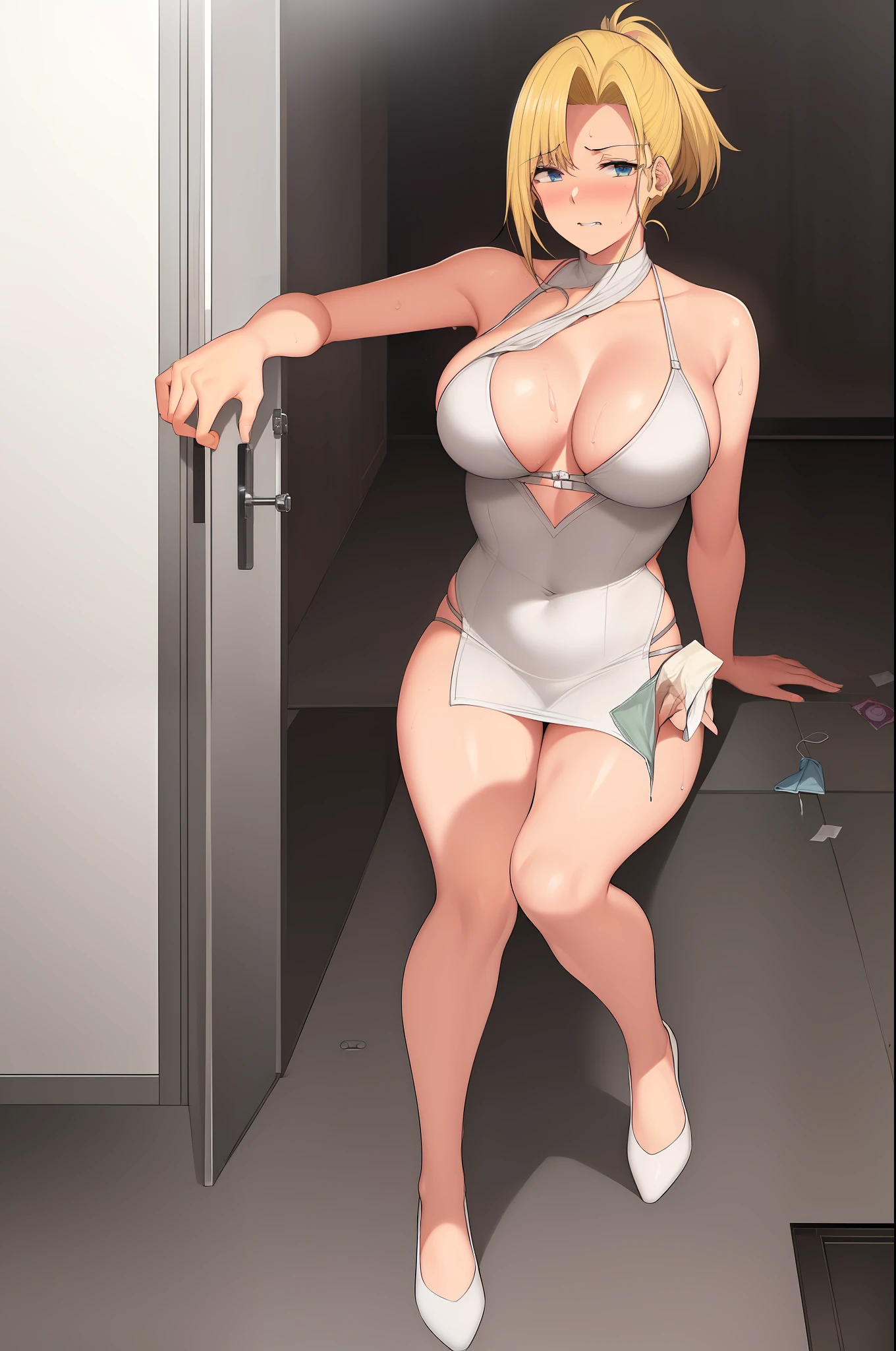 1girl, looking at the audience, blonde, kinky eyes, navel, white shirt, bag, blue eyes, ((sweaty blush, big breasts, biting the condom, holding the condom, condom on the chest, sitting on the ground, the ground is all money)) perfect composition, masterpiece, master nail polish, (((holding a lot of money at the dim door))), (((the door of the dimly lit room))