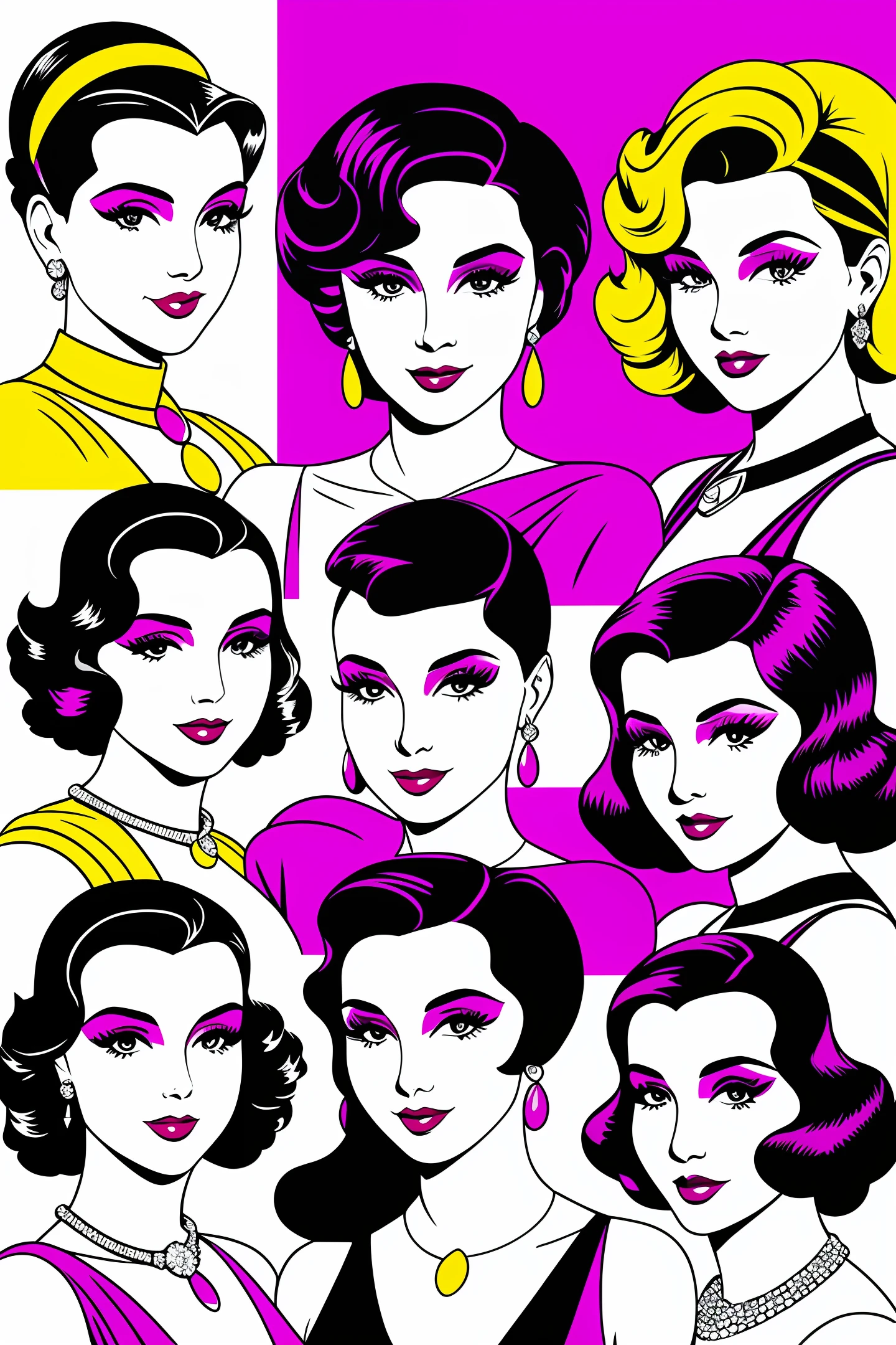 pop art deco Ladies diferent ethnicities at a art deco ball, white background