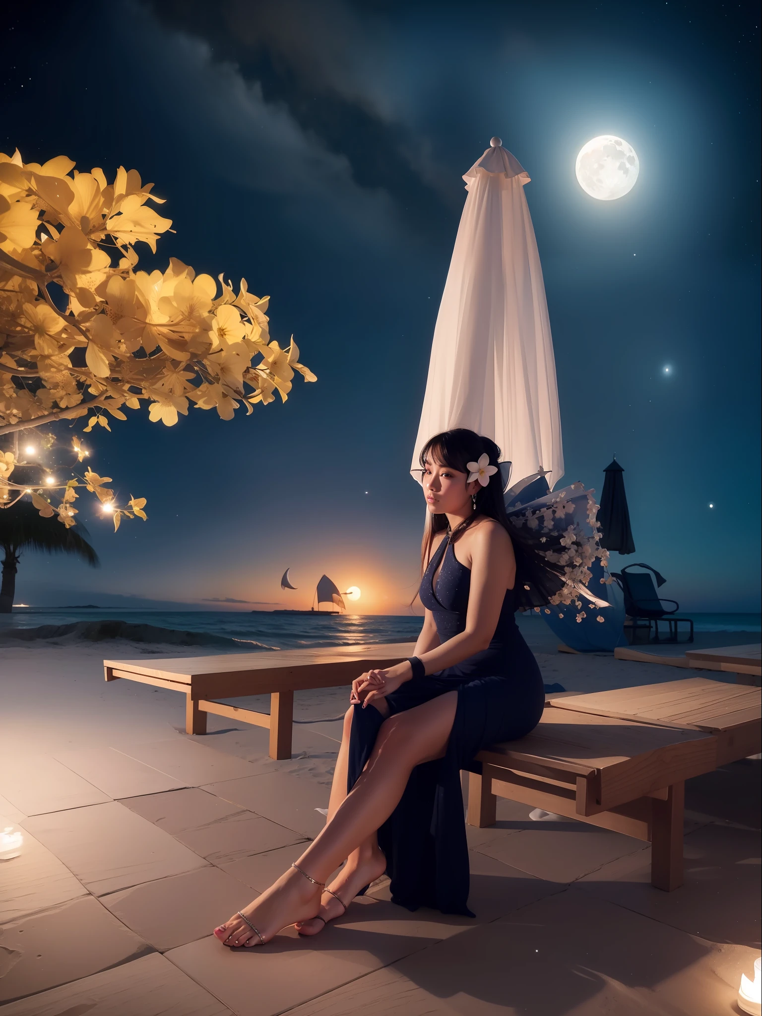 Starry night at beach, moon light, ultra detailed beautiful legs, ultra detailed beautiful toe, ultra detailed beautiful hands, ultra detailed beautiful face