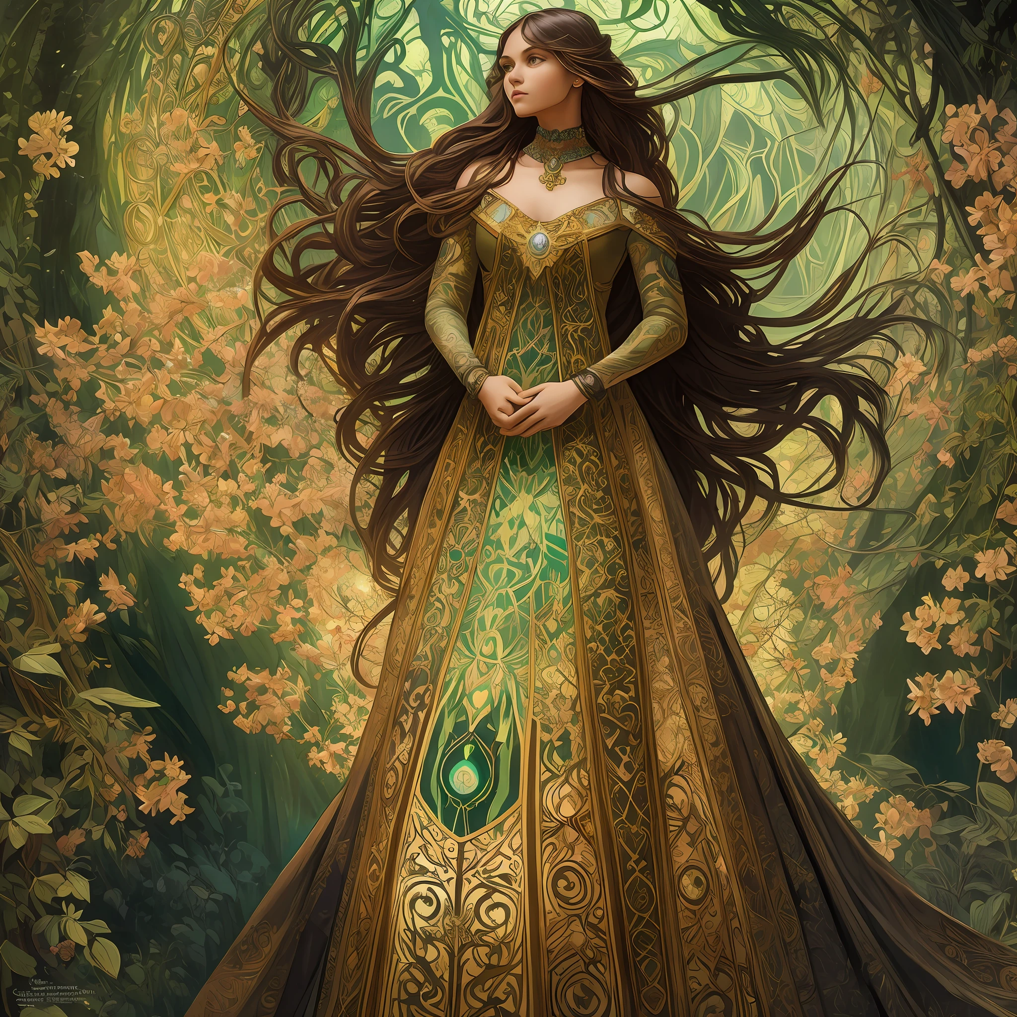 brown skin color, thin young woman looking up, (magic forest background), redish gold long and wavy brown hair, green eyes, fairy and flowers, wild flowers blending into hair, ranger outfit, full body, cover, choker, hyperdetailed painting, luminism, Bar lighting, complex, 4k resolution concept art portrait by Greg Rutkowski, Artgerm, WLOP, Alphonse Mucha, little fusion pojatti realistic goth, fractal isometrics details bioluminescens : a stunning realistic photograph 18 years