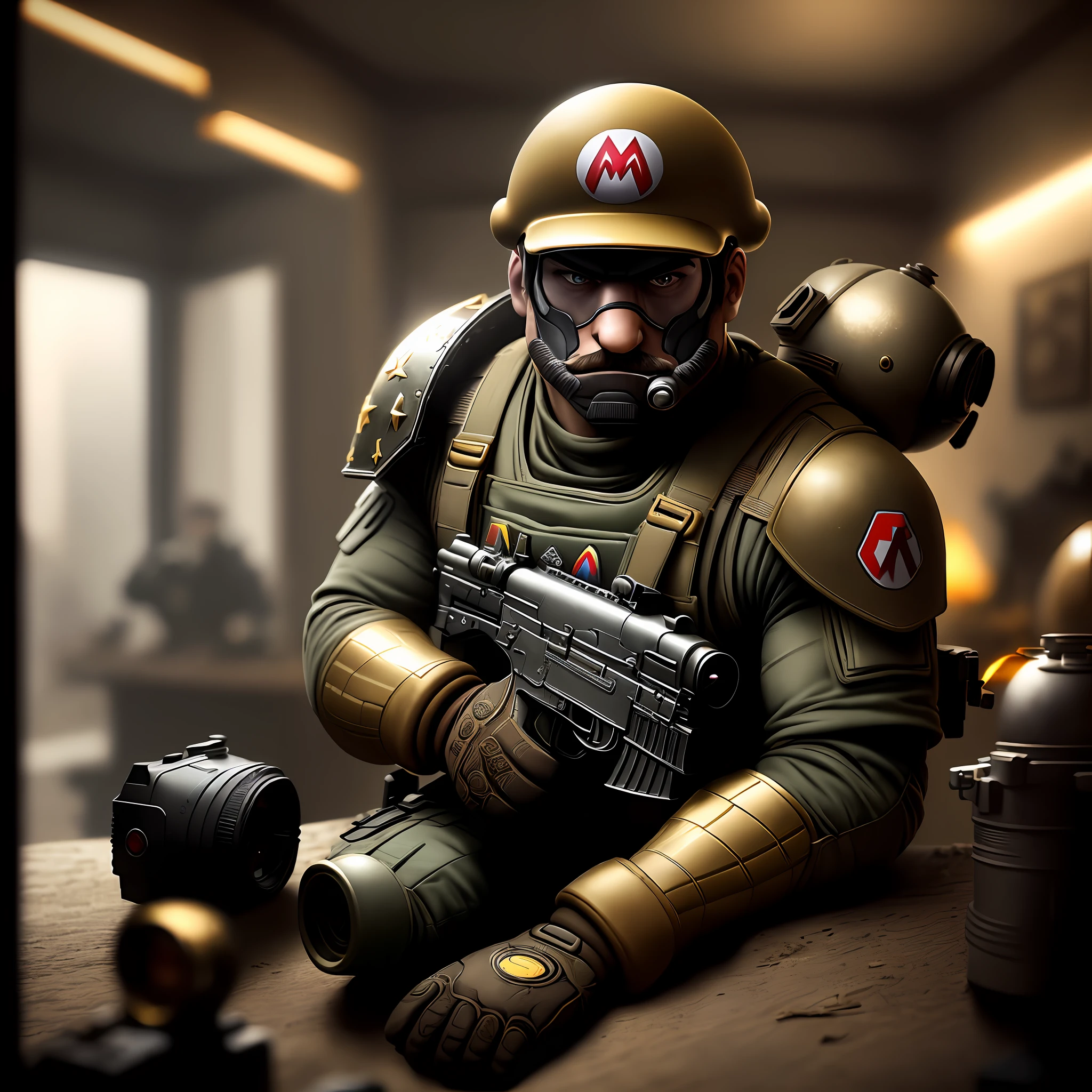 Super Mario shooting with an Ak47, wearing war suit, Lighting-Gold (dark and gloomy environment: 1.2) (masterpiece: 1.2) (photorealistic: 1.2) (bokeh) (best quality) (detailed skin:1.2) (intricate details) (Clutter-Home) (8k) (HDR) (cinematic lighting) (sharp focus)