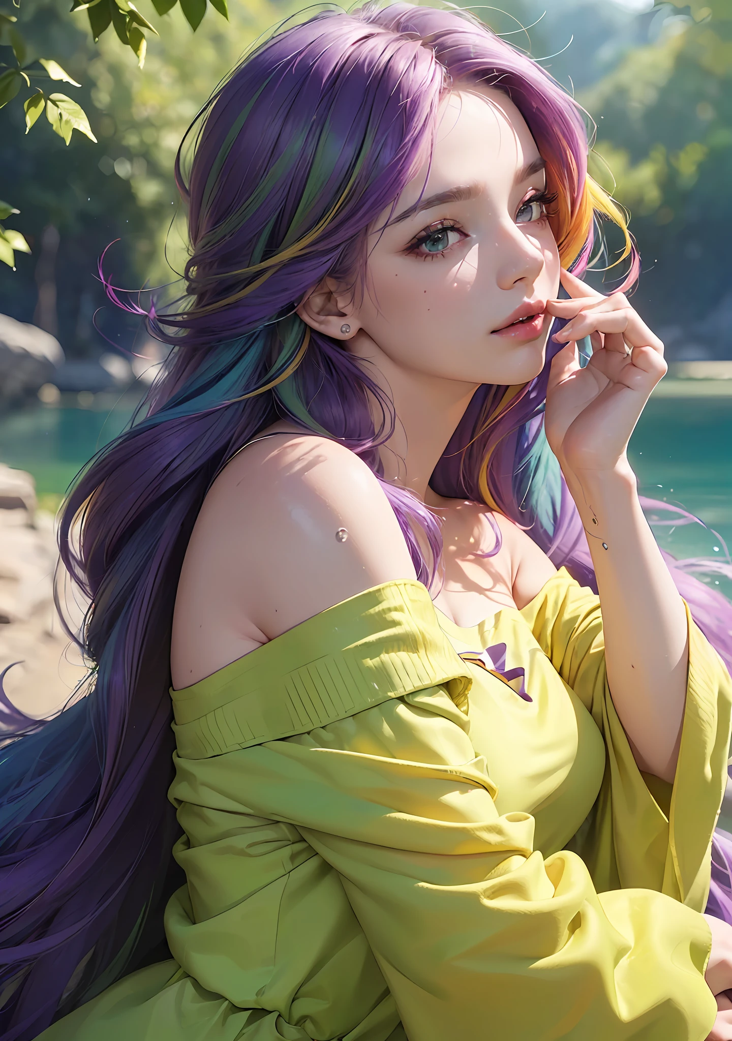 (extremely detailed CG unity 8k wallpaper,masterpiece, best quality, ultra-detailed),(an extremely delicate and beautiful),(dynamic angle,portrait),(multicolored_hair+purple hair+green hair+yellow hair+red hair:1.2),(off shoulder), beautiful face, glowing skin,depth of field, lush greenery,sparkling water droplets, vivid colors,