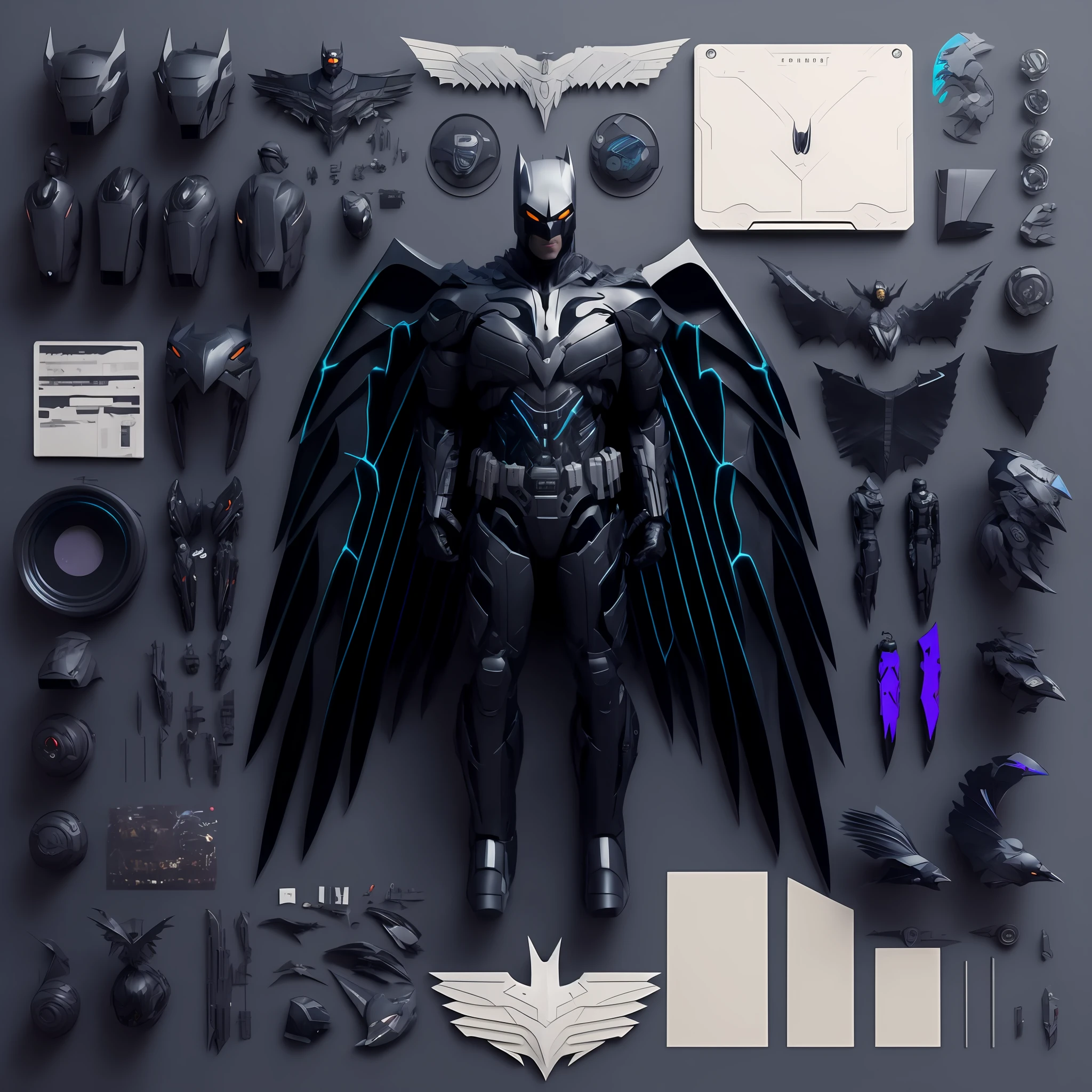 batman figurines are arranged on a table with various accessories, crow in cyber armour, batman mecha, cyborg wing, cyberpunk batman, anthropomorphic raven knight, trending on polycount, dystopian scifi gadgets, black wings instead of arms, black scales and cyborg tech, batwings, polycount contest winner, mecha wings, best of behance