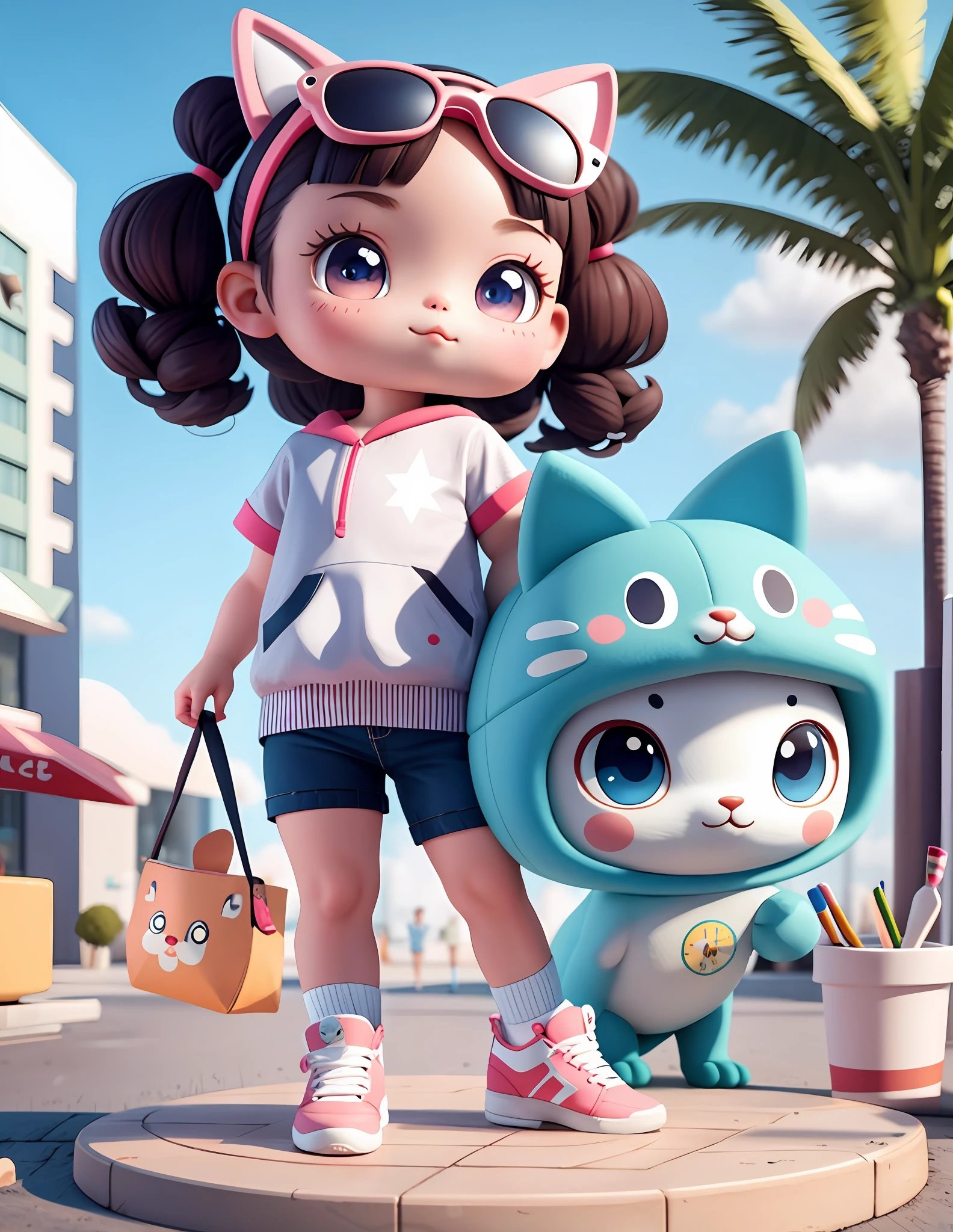 (masterpiece) Cute little girl with big sparkly eyes, eyes, full body, biker shorts, long waist hair, (biker), cats and dogs, city, sporty clothes, crisp details, popmart blind box, clay texture, clean background, natural light, best quality, ultra detail, 3d art, c4d, blender, oc renderer, 3d render, 8k, standing on a base with objects, simple background, Chibi, SD characters: 1.1