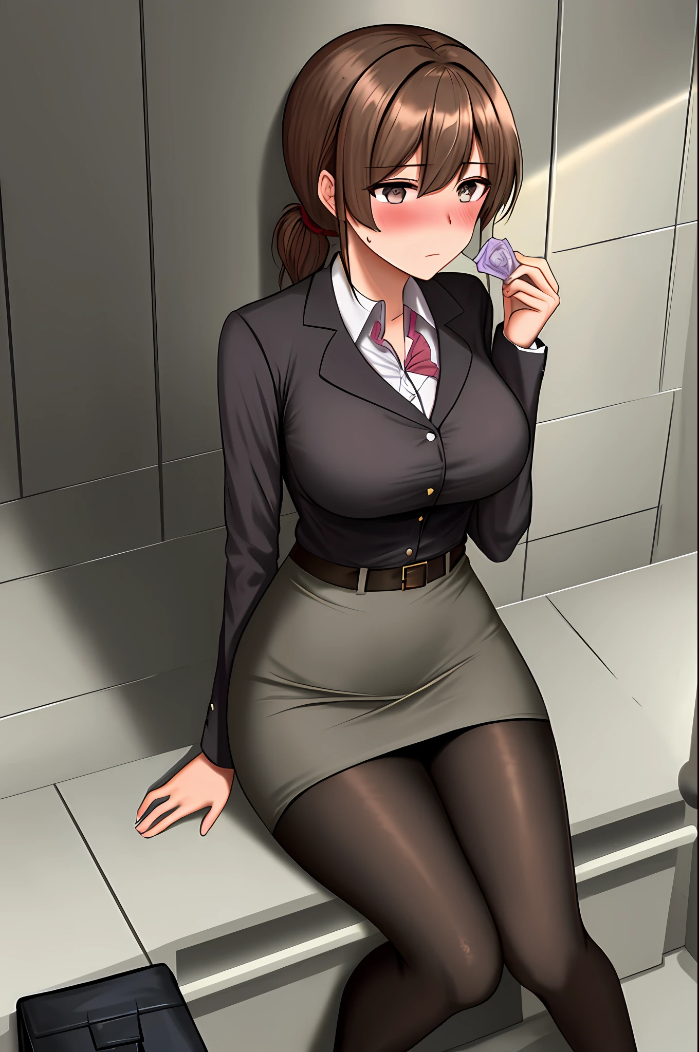 masterpiece, best quality, detailed face, detailed eyes, HUVictoria, brown hair, mini skirt, office lady, standing, pencil skirt, dress shirt, button gap in toilet, low ponytail, long hair, brown eyes, bra visible through clothes, pantyhose, 1 girl, (sweaty blush, big breasts, biting condom, holding a condom, condom on chest, sitting on the ground, money on the ground, surrounded by walls))