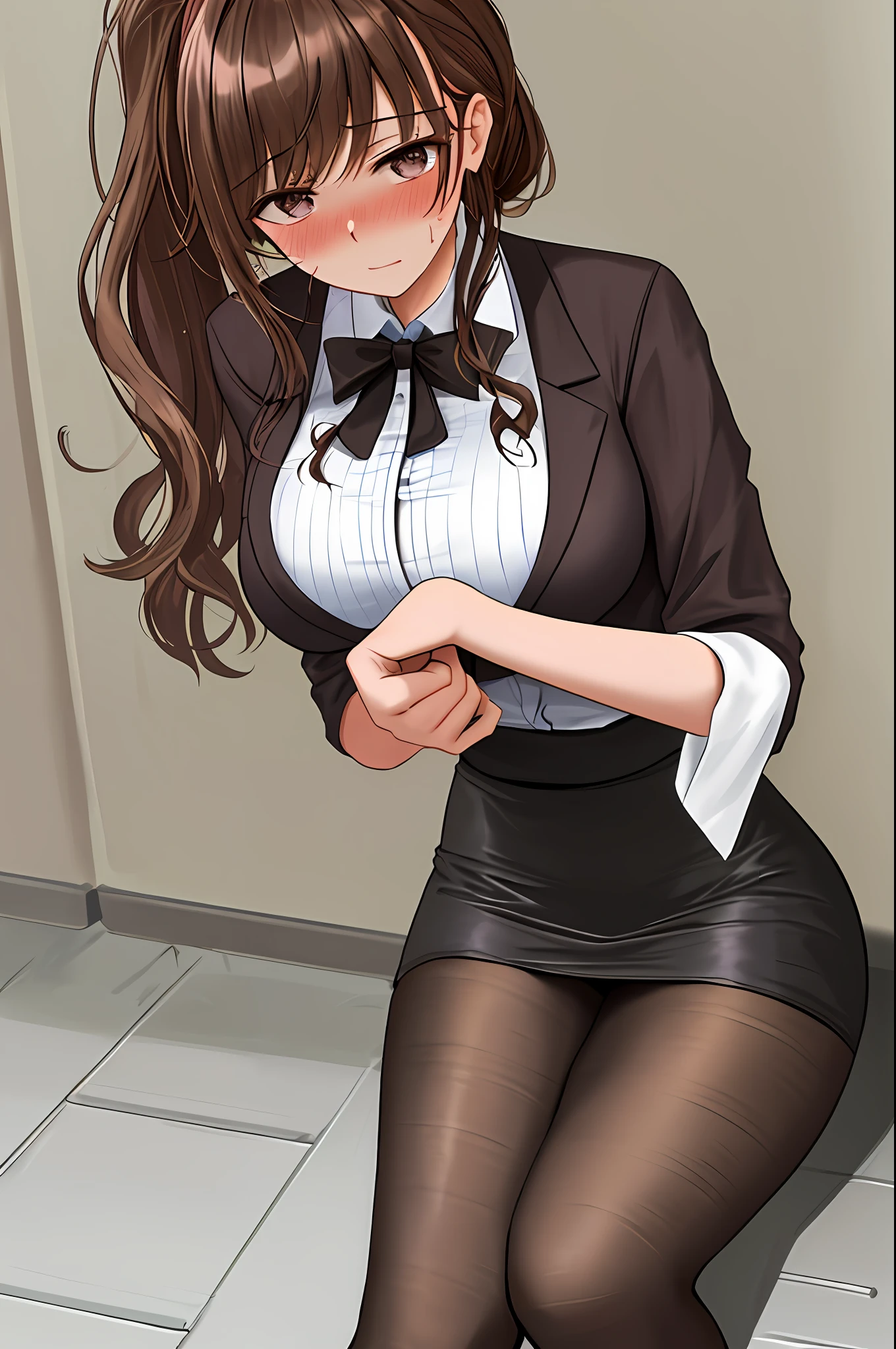 masterpiece, best quality, detailed face, detailed eyes, HUVictoria, brown hair, mini skirt, office lady, standing, pencil skirt, dress shirt, button gap in toilet, low ponytail, long hair, brown eyes, bra visible through clothes, pantyhose, 1 girl, (sweaty blush, big breasts, biting condom, holding a condom, condom on chest, sitting on the ground, money on the ground, surrounded by walls))