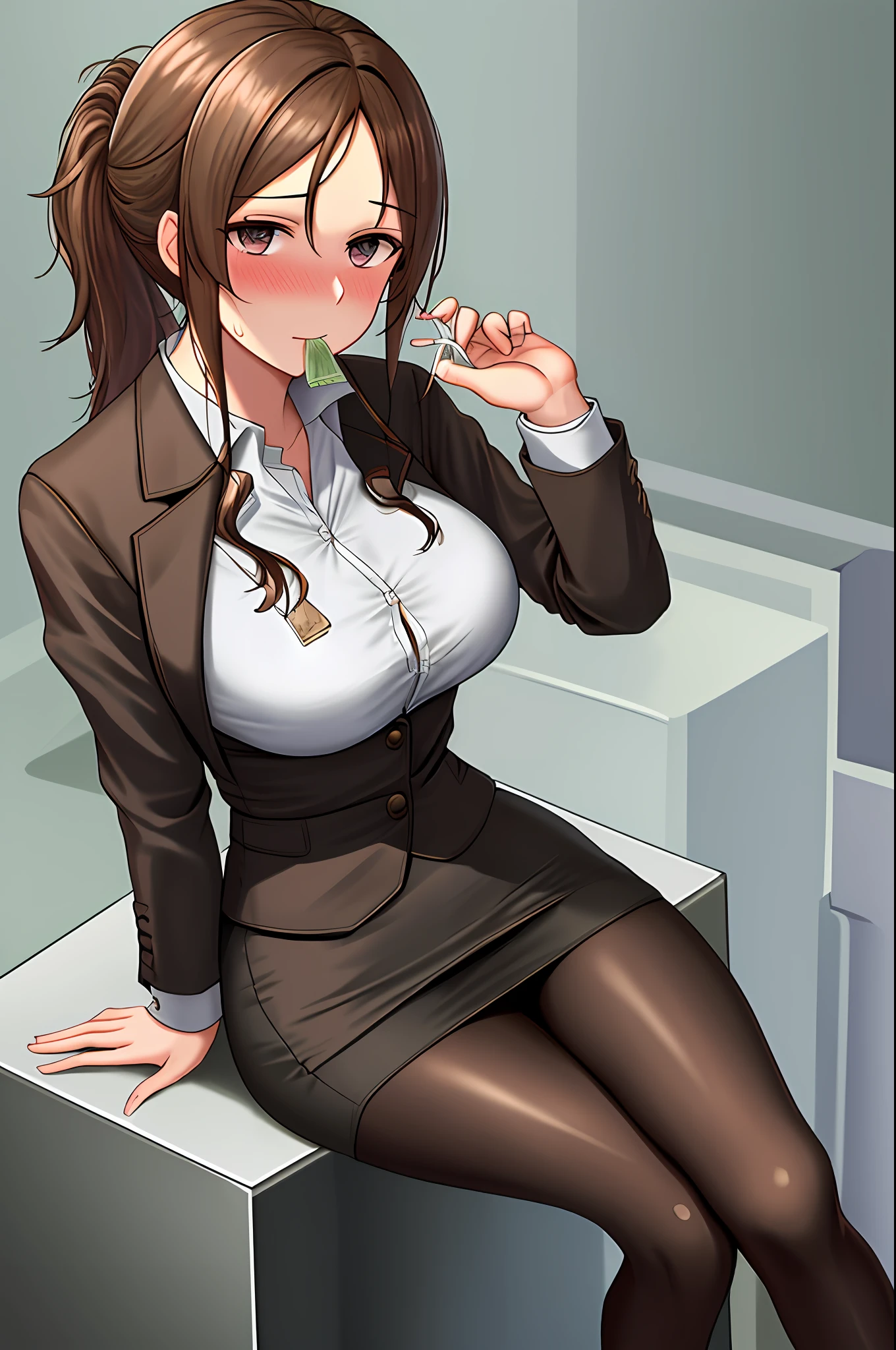 masterpiece, best quality, detailed face, detailed eyes, HUVictoria, brown hair, mini skirt, office lady, standing, pencil skirt, dress shirt, button gap in toilet, low ponytail, long hair, brown eyes, bra visible through clothes, pantyhose, 1 girl, (sweaty blush, big breasts, biting condom, holding a condom, condom on chest, sitting on the ground, money on the ground, surrounded by walls))
