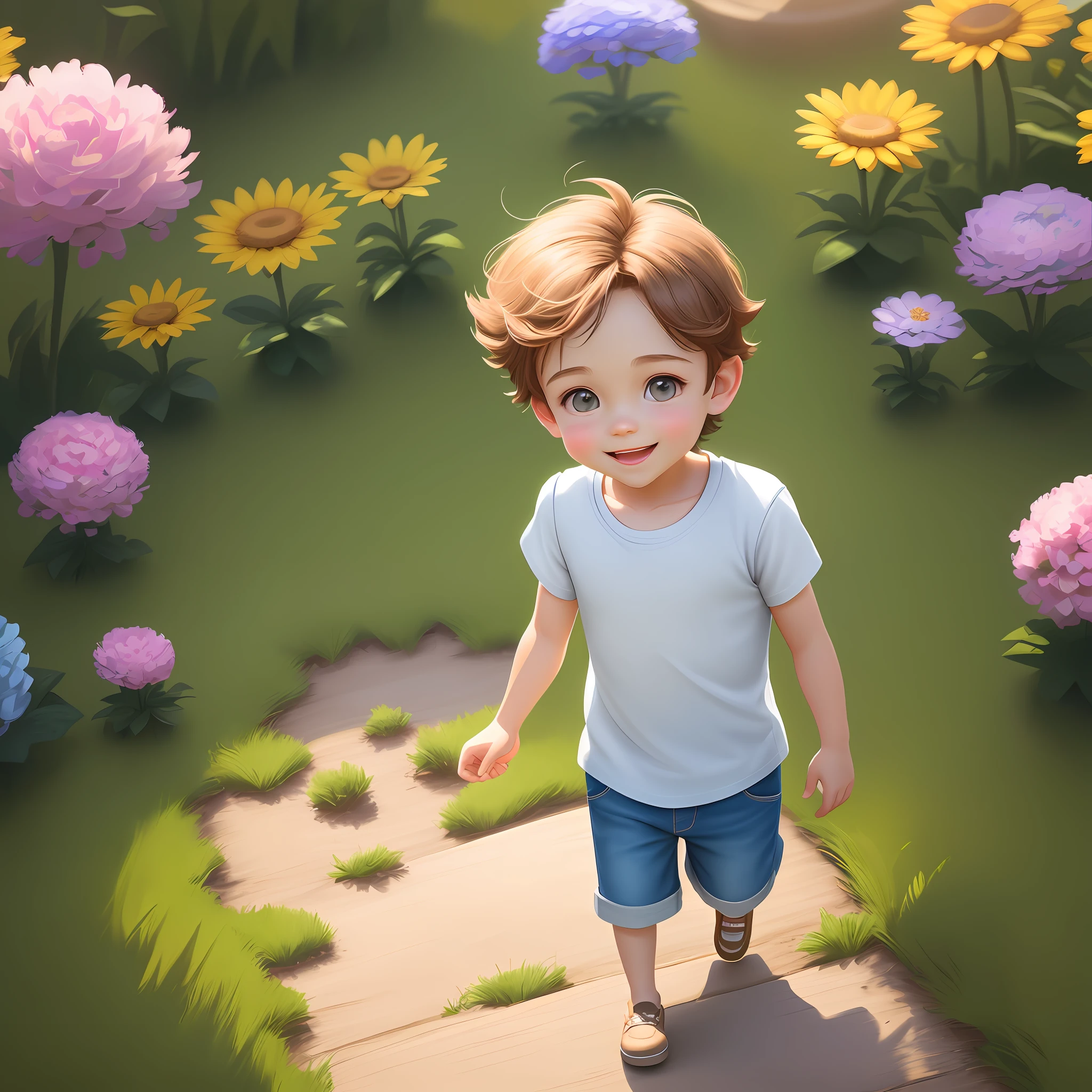 Cute tiny hyperrealistic boy in a light shirt with short sleeves and denim shorts, charming and cheerful, and a  girl, charming in a light dress walking in a summer meadow, flowers are blooming around, butterflies are flying, great mood, sunny day, cartoon, cinematic light effect, 3D vector graphics, cute and whimsical, fantasy art, bokeh, hand-drawn, digital painting, isometric style, 4K resolution, photorealistic rendering, vector image, photorealistic masterpiece, flat white background, isometric, bright vector