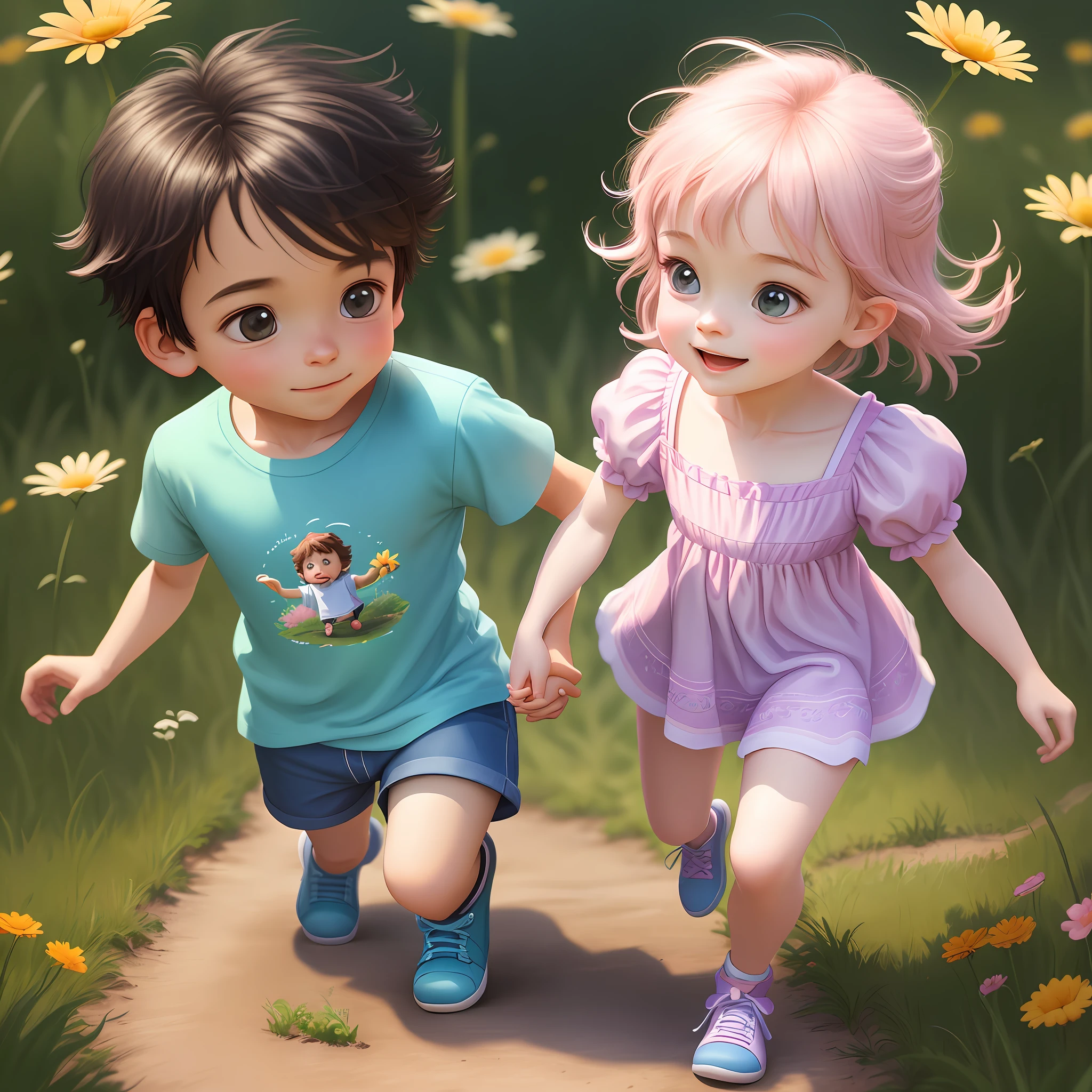 Cute adorable and funny children a tiny hyper-realistic boy in a light shirt with short sleeves and denim shorts, and a girl, in a light multi-colored dress, walk hand in hand in a summer meadow, flowers are blooming around, butterflies are flying, great mood, sunny day, cartoon, cinematic light effect, 3D vector graphics, cute and whimsical, fantasy art, bokeh, hand drawn, digital painting, isometric style, 4K resolution, photorealistic rendering, vector image, photorealistic masterpiece, flat white background, isometric, vivid vector