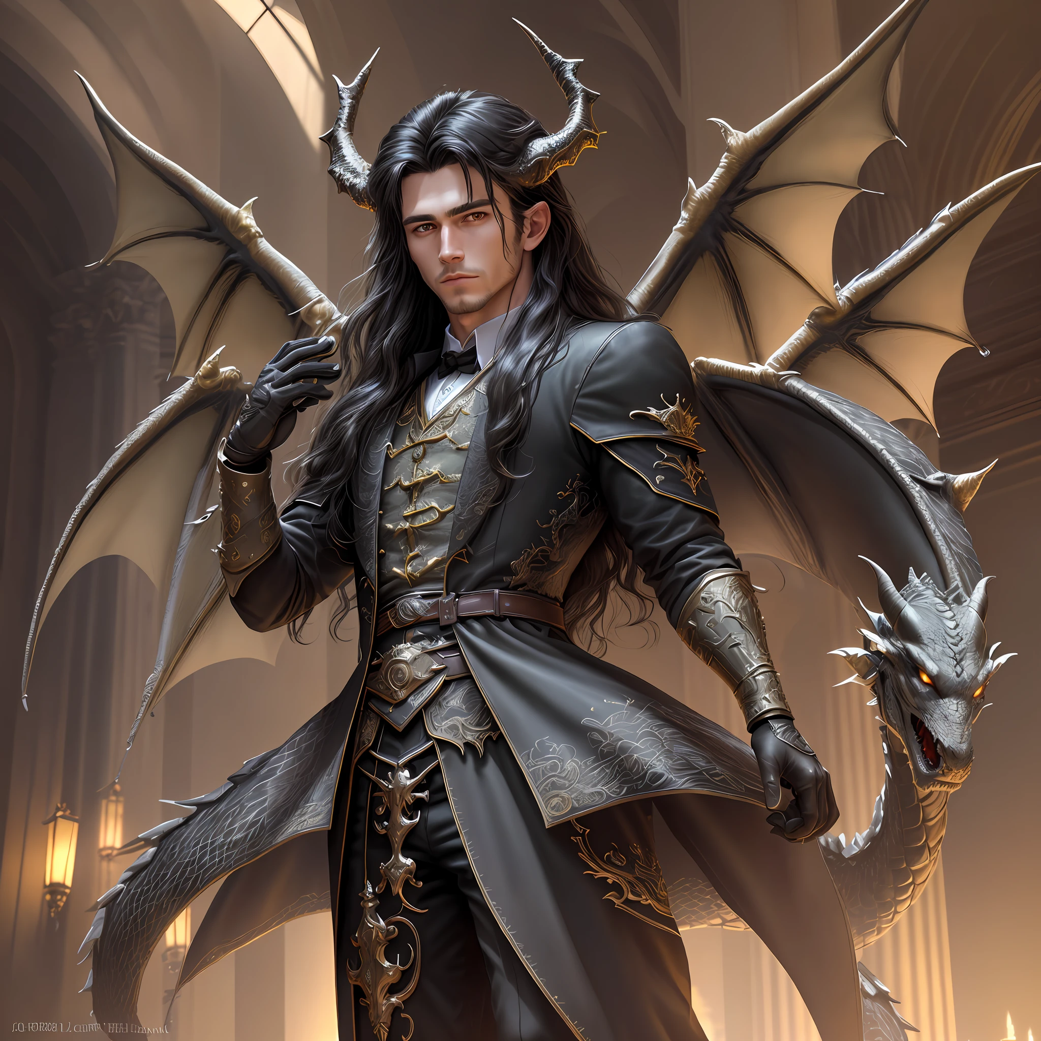 Best Quality, Masterpiece, Photorealism, Intricate Details, Photon Rendering, Octane Rendering, Ultra Detailed, Detailed Leather, ArtStation Trends, 8K Masterpiece, Cinematic Lighting, ((1boy)),((Solo)),(looking_at_viewer)),CG Society Trend,Plasticien,((Black Long Hair)),((Handsome Man)), Abs, Perfect Body, Tuxedo, Ultra Detailed Face, Detailed Lips, Detailed Hands, Detailed Legs, Detailed Eyes, In the castle day, dragon horns, dragon tail, yellow eyes, European dragon, standing sideways, dragon wings, fenrir standing next to