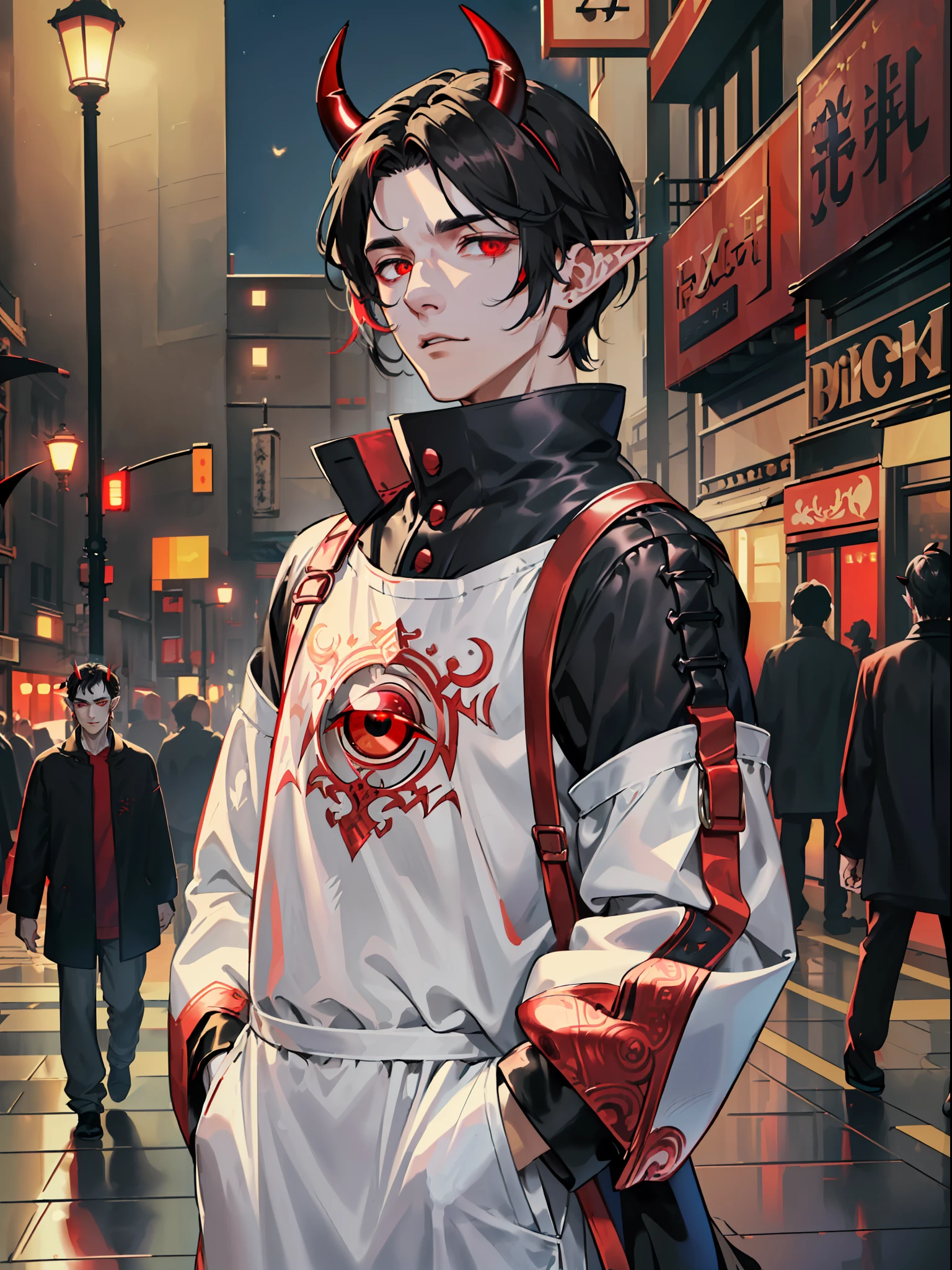 ((highest quality, masterpiece, 4k, finely detailed, detailed eyes, detailed face, intricate details, gelbooru, pixiv)), warm lighting, ((solo)), 1 male, (handsome, masculine, adult male, broad shoulders, tall guy, thin body), ((black hair, messy hair, short hair)), light skin, sharp features, (elf ears), ((baggy clothes, oversized clothes)), ((demon horns color fading from black to red)), ((sharp eyes, red eye color, tired expression, looking at viewer)), leaning against wall, hands in pockets, night city background, street-style clothing, modern clothing, modern
