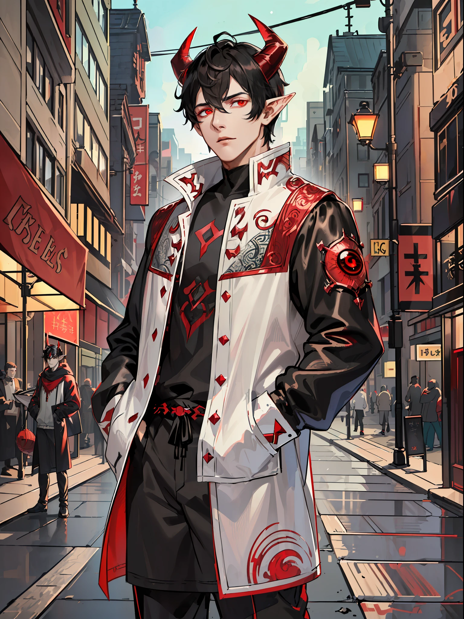 ((highest quality, masterpiece, 4k, finely detailed, detailed eyes, detailed face, intricate details, gelbooru, pixiv)), warm lighting, ((solo)), 1 male, (handsome, masculine, adult male, broad shoulders, tall guy, thin body), ((black hair, messy hair, short hair)), light skin, sharp features, (elf ears), ((baggy clothes, oversized clothes)), ((demon horns color fading from black to red)), ((sharp eyes, red eye color, tired expression, looking at viewer)), leaning against wall, hands in pockets, night city background, street-style clothing, modern clothing, modern