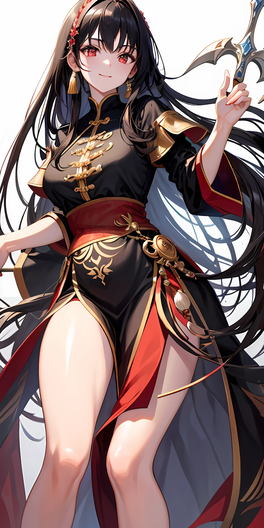 ((masterpiece, best quality)), manga, (1woman, mature), long hair, dark black hair, beautiful hair, red eyes, beautiful eyes, slight smile, hair is tied into two tails, wavy hair, Chinese style dress for its beauty and elegance, white background, looking at the viewer, clear, thighs, full body, dark background, blood stains in back ground, sword stained with blood