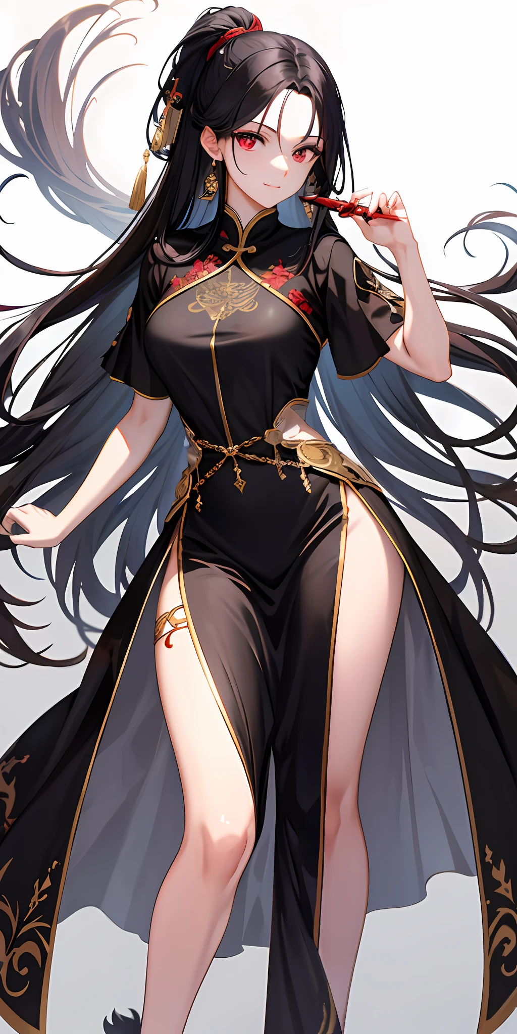 ((masterpiece, best quality)), manga, (1woman, mature), long hair, dark black hair, beautiful hair, red eyes, beautiful eyes, slight smile, hair is tied into two tails, wavy hair, Chinese style dress for its beauty and elegance, white background, looking at the viewer, clear, thighs, full body, dark background, blood stains in back ground, sword stained with blood