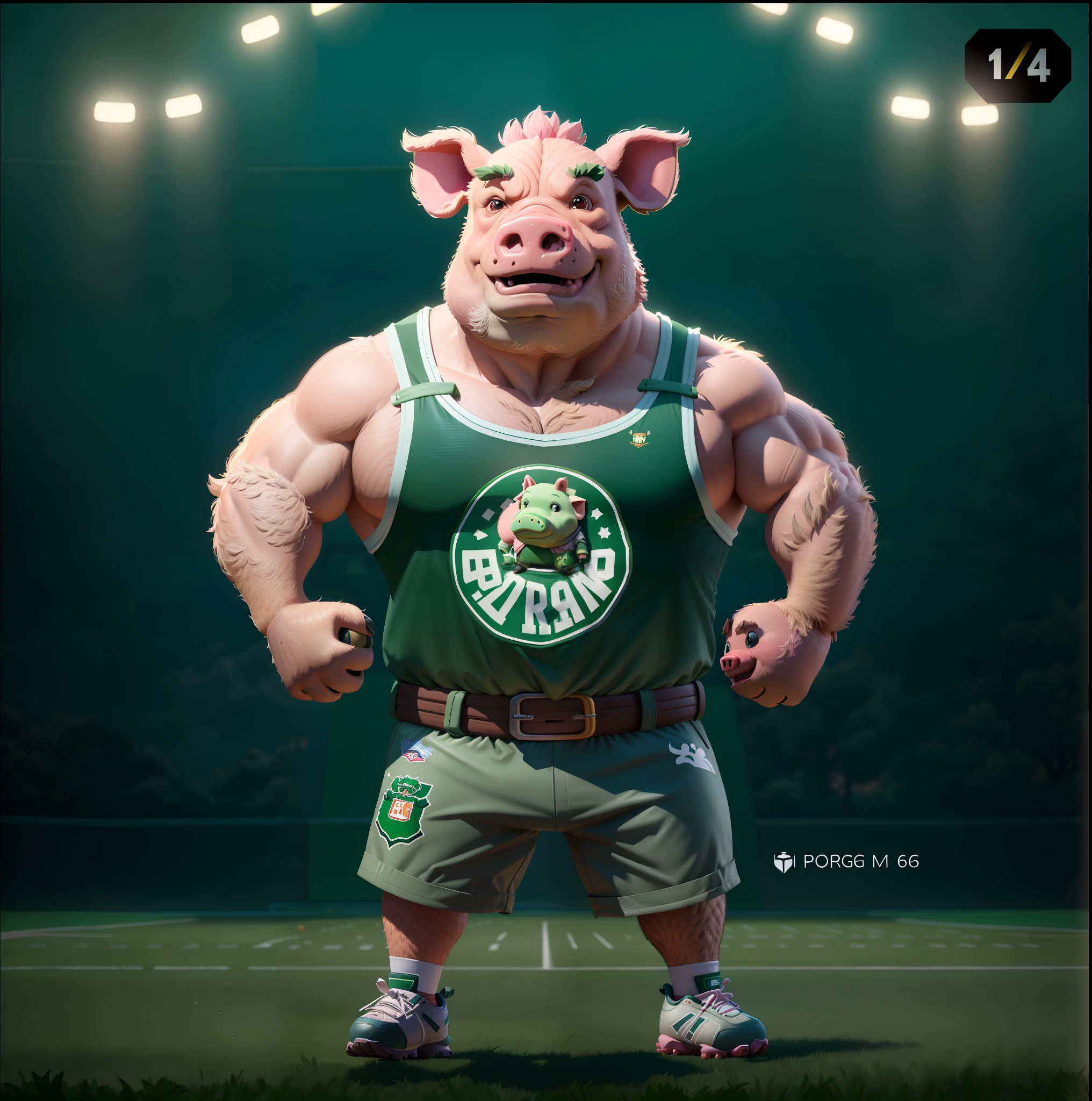 arafed pig in a green shirt and shorts standing on a field, anthropomorphic warrior piglet, giant pig, sports mascot, by Eddie Mendoza, sports team mascot, half pig, 🇺🇦, football mascot, photo render, small character. unreal engine 5, nba style bulldog mascot, full body mascot, edon guraziu