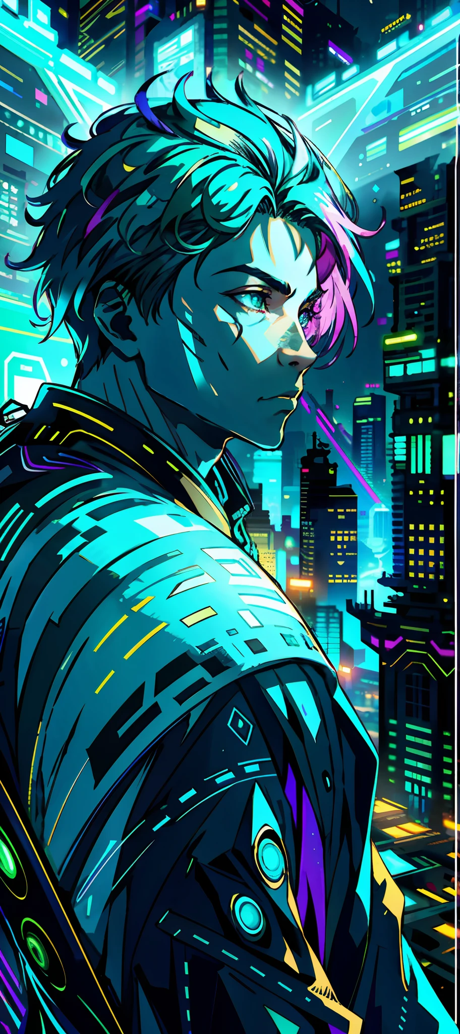portrait | wide angle shot of eyes off to one side of frame, lucid dream-like man, looking off in distance ::8 style | daydreampunk with glowing skin and eyes, handsome, (handsome young man), he is dripping in neon lights, very colorful blue, green, purple, bioluminescent, stylish hair, glowing ::8 background | forest, vivid neon wonderland, particles, blue, green, purple ::7 parameters | rule of thirds, golden ratio, assymetric composition, hyper- maximalist, octane render, photorealism, cinematic realism, unreal engine, 8k