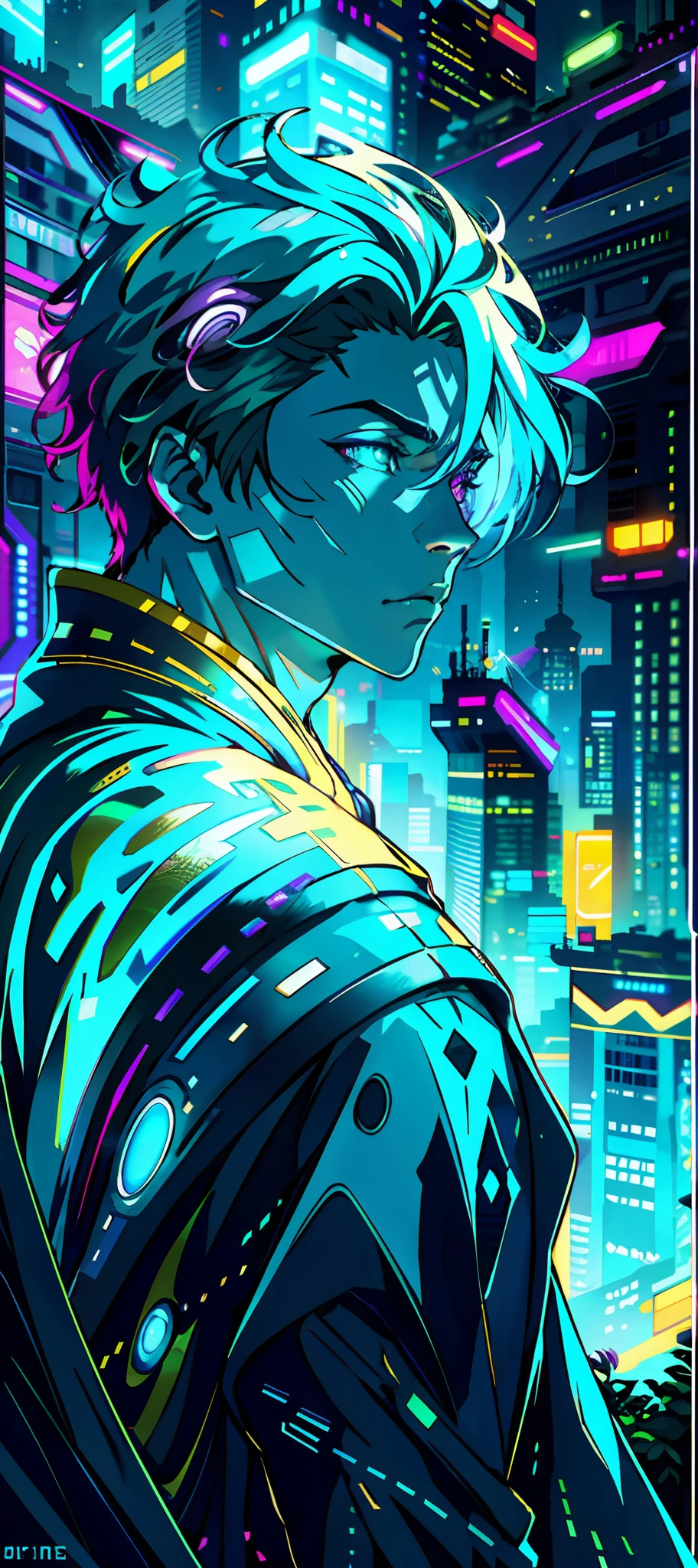 portrait | wide angle shot of eyes off to one side of frame, lucid dream-like man, looking off in distance ::8 style | daydreampunk with glowing skin and eyes, handsome, (handsome young man), he is dripping in neon lights, very colorful blue, green, purple, bioluminescent, stylish hair, glowing ::8 background | forest, vivid neon wonderland, particles, blue, green, purple ::7 parameters | rule of thirds, golden ratio, assymetric composition, hyper- maximalist, octane render, photorealism, cinematic realism, unreal engine, 8k