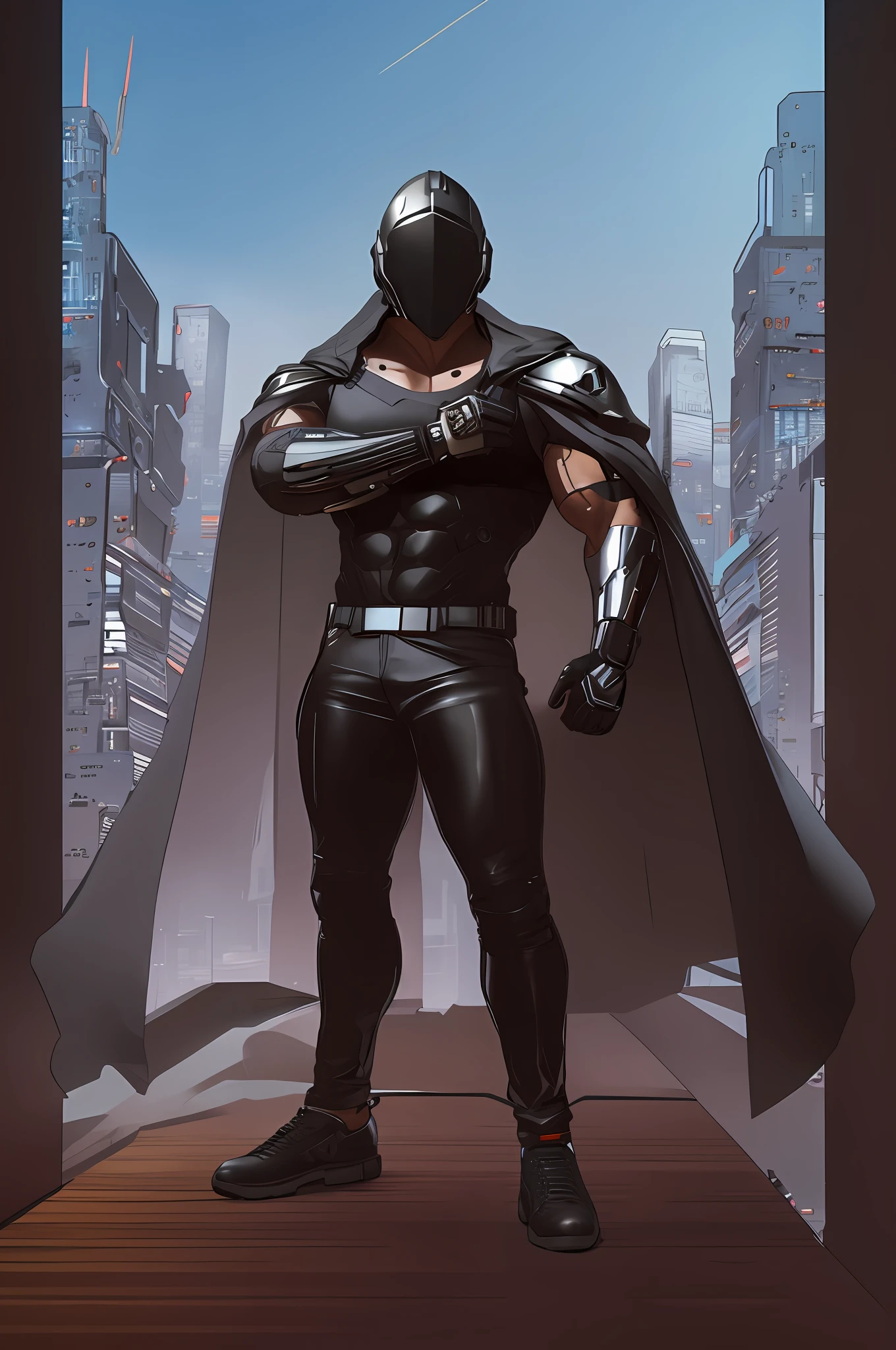 (masterpiece, best quality,) male, adult male, muscular!, muscular male!!, superhero propotional body, biceps, faceless, faceless male, (masked, futuristic helmet, cyberpunk helmet, helmet covering all of face), outfit, (black tanktop, dark gray longpants, leather flat shoes, brown socks, futuristic gloves, cloak), standing pose, city background, cyberpunk background, render, (lineart, bold lineart)