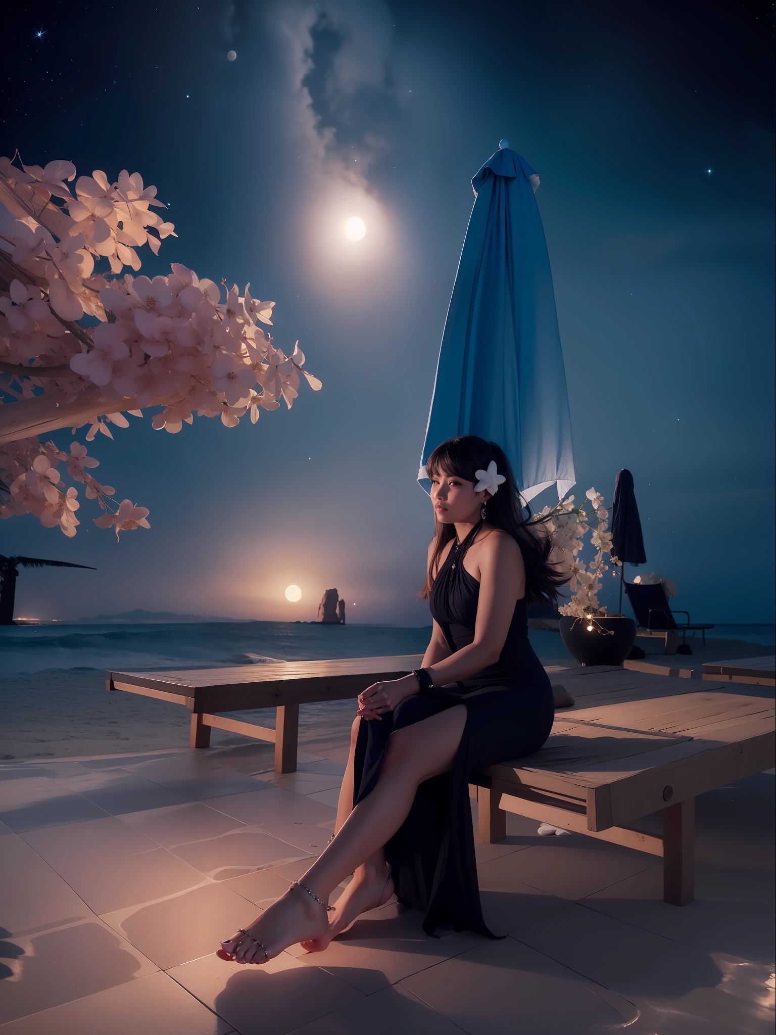 Starry night at beach, moon light, ultra detailed beautiful legs, ultra detailed beautiful toes, ultra detailed beautiful hands, ultra detailed beautiful face, photorealistic