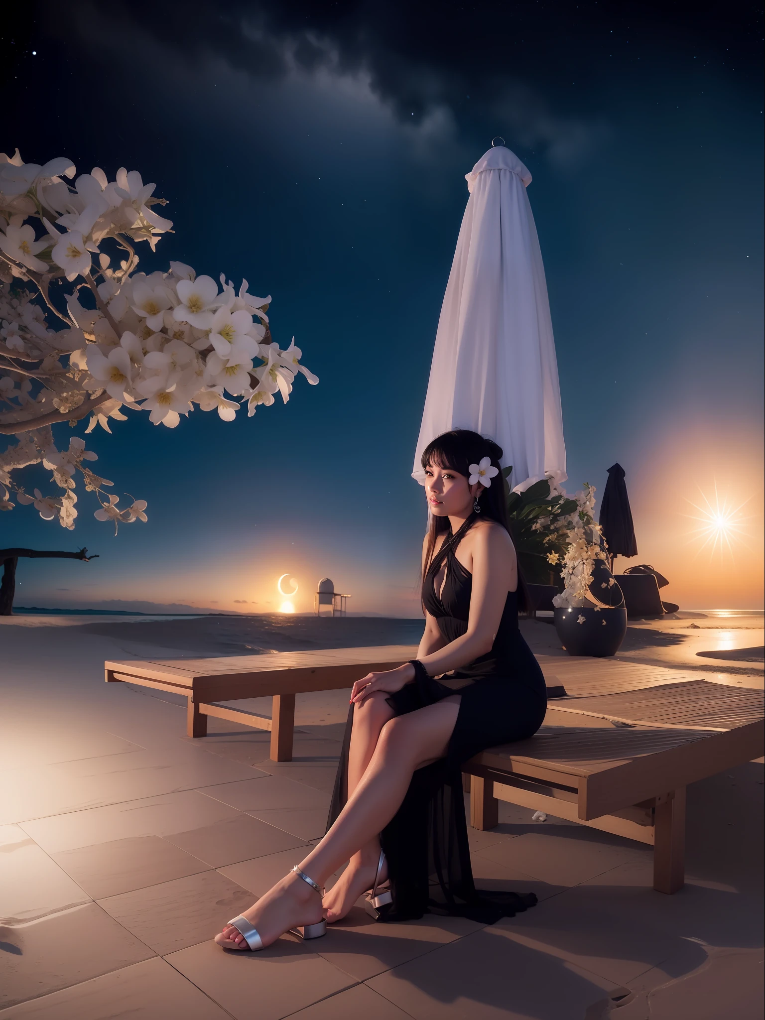 Starry night at beach, moon light, ultra detailed beautiful legs, ultra detailed beautiful toes, ultra detailed beautiful hands, ultra detailed beautiful face, photorealistic