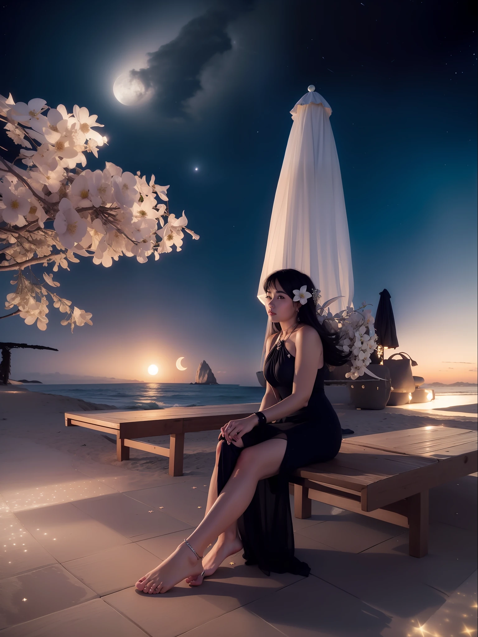 Starry night at beach, moon light, ultra detailed beautiful legs, ultra detailed beautiful toes, ultra detailed beautiful hands, ultra detailed beautiful face, photorealistic
