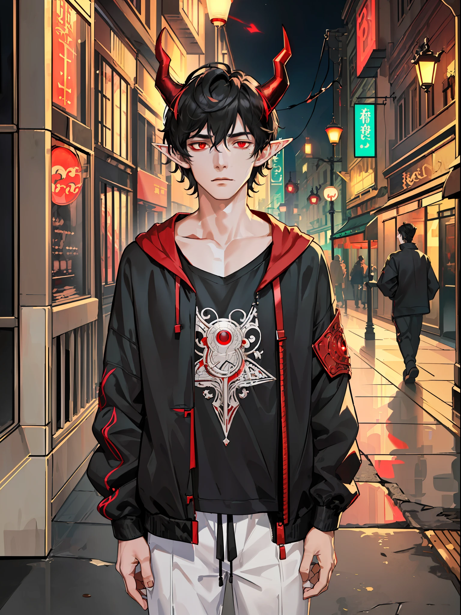 ((highest quality, masterpiece, 4k, finely detailed, detailed eyes, detailed face, intricate details, gelbooru, pixiv)), warm lighting, ((solo)), 1 male, (handsome, masculine, adult male, broad shoulders, tall guy, thin body), ((black hair, messy hair, short hair)), light skin, sharp features, (elf ears), ((baggy clothes, oversized clothes)), ((demon horns color fading from black to red)), ((sharp eyes, red eye color, tired expression, looking at viewer)), leaning against wall, hands in pockets, city at night background, street-style clothing, modern clothing, modern