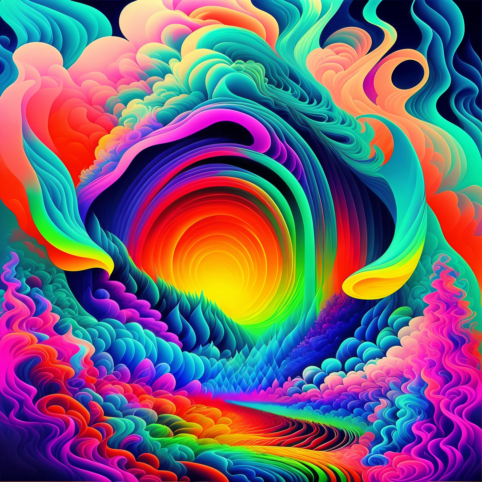 (mystical, trippy, psychedelic, surreal), thick smoke, vibrant colors, abstract shapes, surreal landscapes.