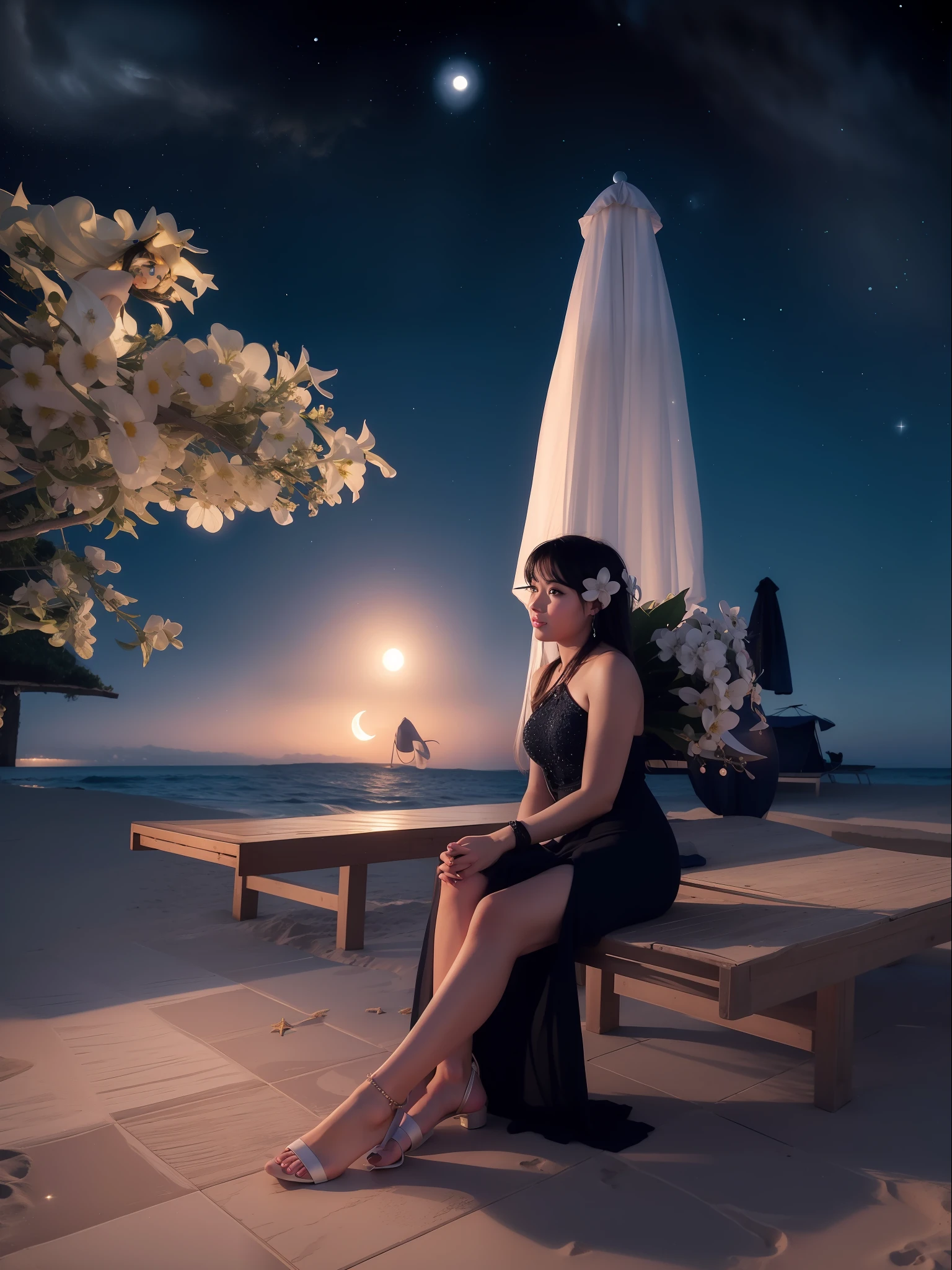 Starry night at beach, moon light, ultra detailed beautiful legs, ultra detailed beautiful toes, ultra detailed beautiful hands, ultra detailed beautiful face, realistic, beautiful girl