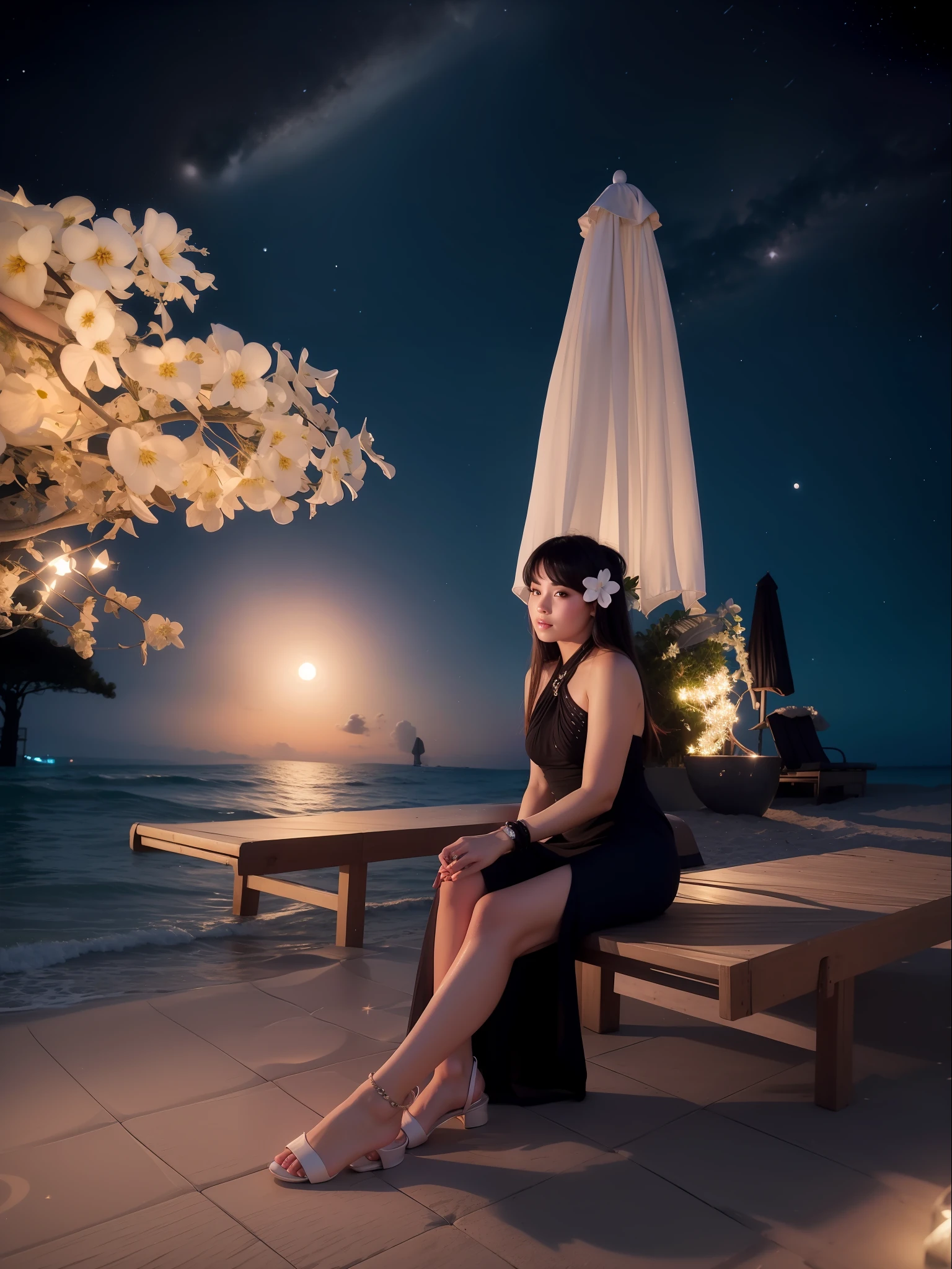 Starry night at beach, moon light, ultra detailed beautiful legs, ultra detailed beautiful toes, ultra detailed beautiful hands, ultra detailed beautiful face, realistic, beautiful girl