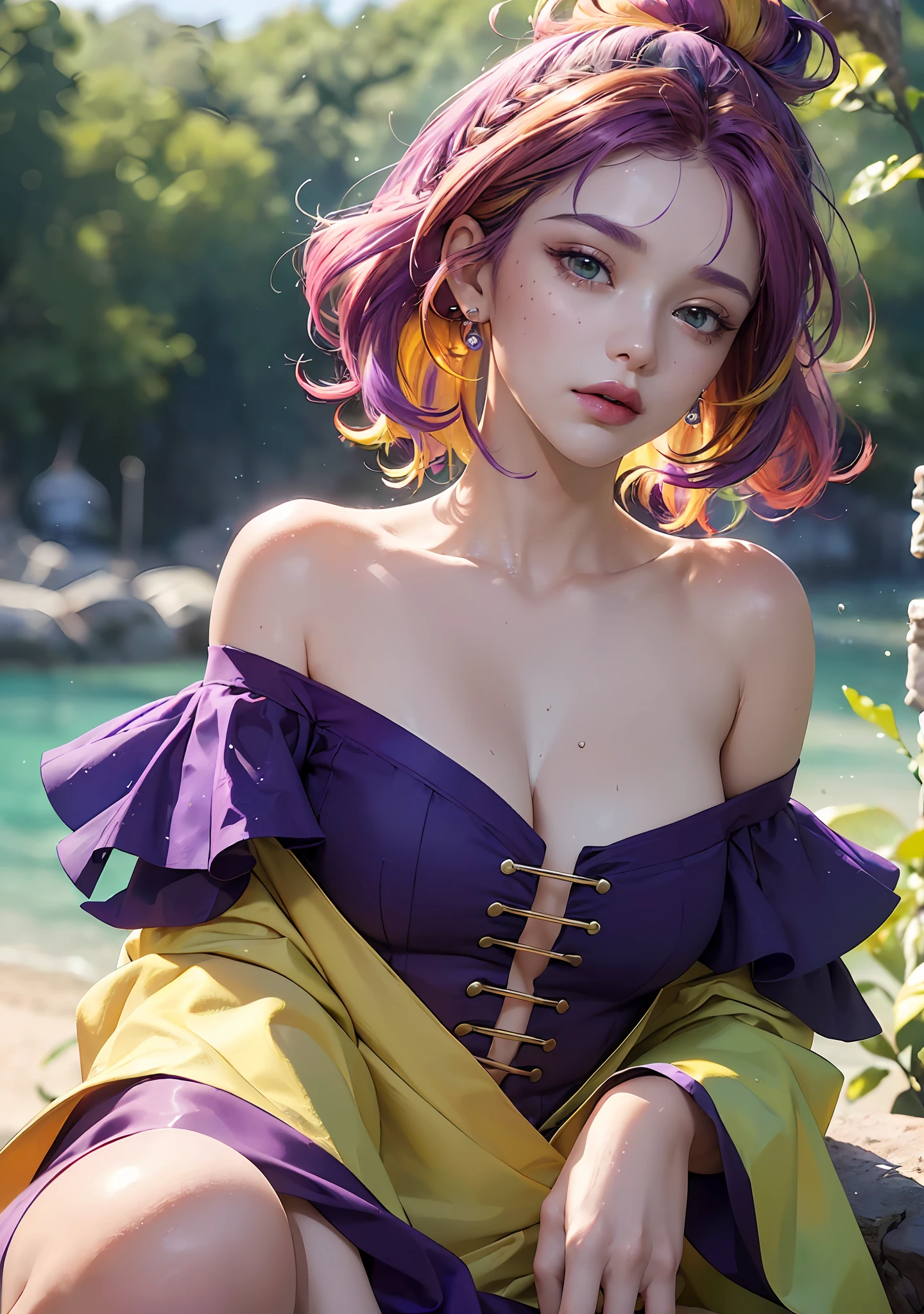 (extremely detailed CG unity 8k wallpaper,masterpiece, best quality, ultra-detailed),(an extremely delicate and beautiful),(dynamic angle,portrait),(multicolored_hair+purple hair+green hair+yellow hair+red hair:1.2),(off shoulder), beautiful face, glowing skin,depth of field, lush greenery,sparkling water droplets, vivid colors,