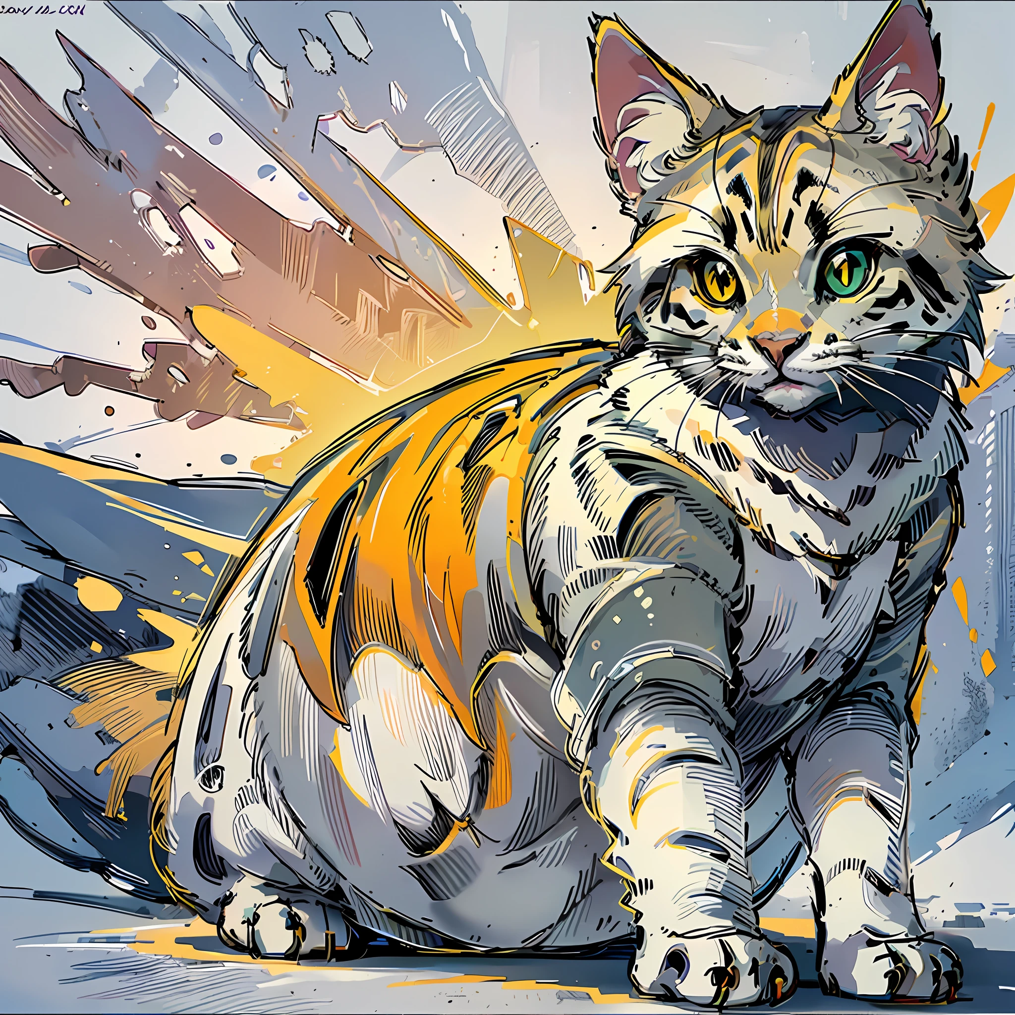 Draw a kitten with pointy ears and large green eyes. Add a golden collar with a small beetle-shaped pendant. Dress her in a white and gold tunic decorated with hieroglyphics. Place the kitten in the pyramids of Egypt, sitting in a golden sarcophagus. Add a red and orange sunset to the background for a dramatic touch. Remember to use vibrant colors and careful details so that the kitten looks majestic and elegant.