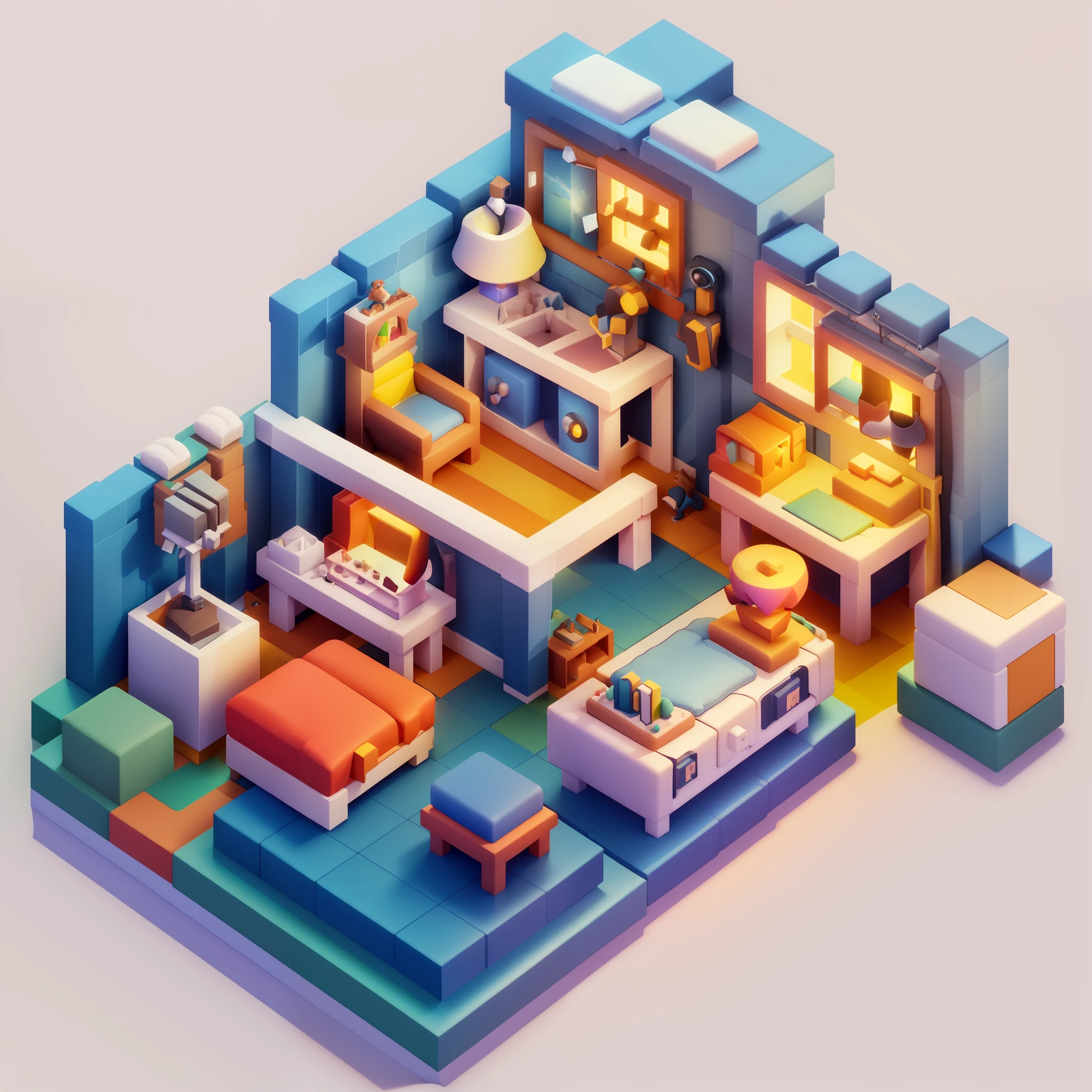 (Isometric perspective:1.5),(Pixar style:1.2), Room, bed, sofa,(small bonsai:0.8),desk lamp, TV, mural, 3D,Disney,Panoramic photo,White background, solid background,Global illumination, raytracing, modeling,HDR,octane render,unreal render,behance,dribbble,artstation,best quality, 8k,
