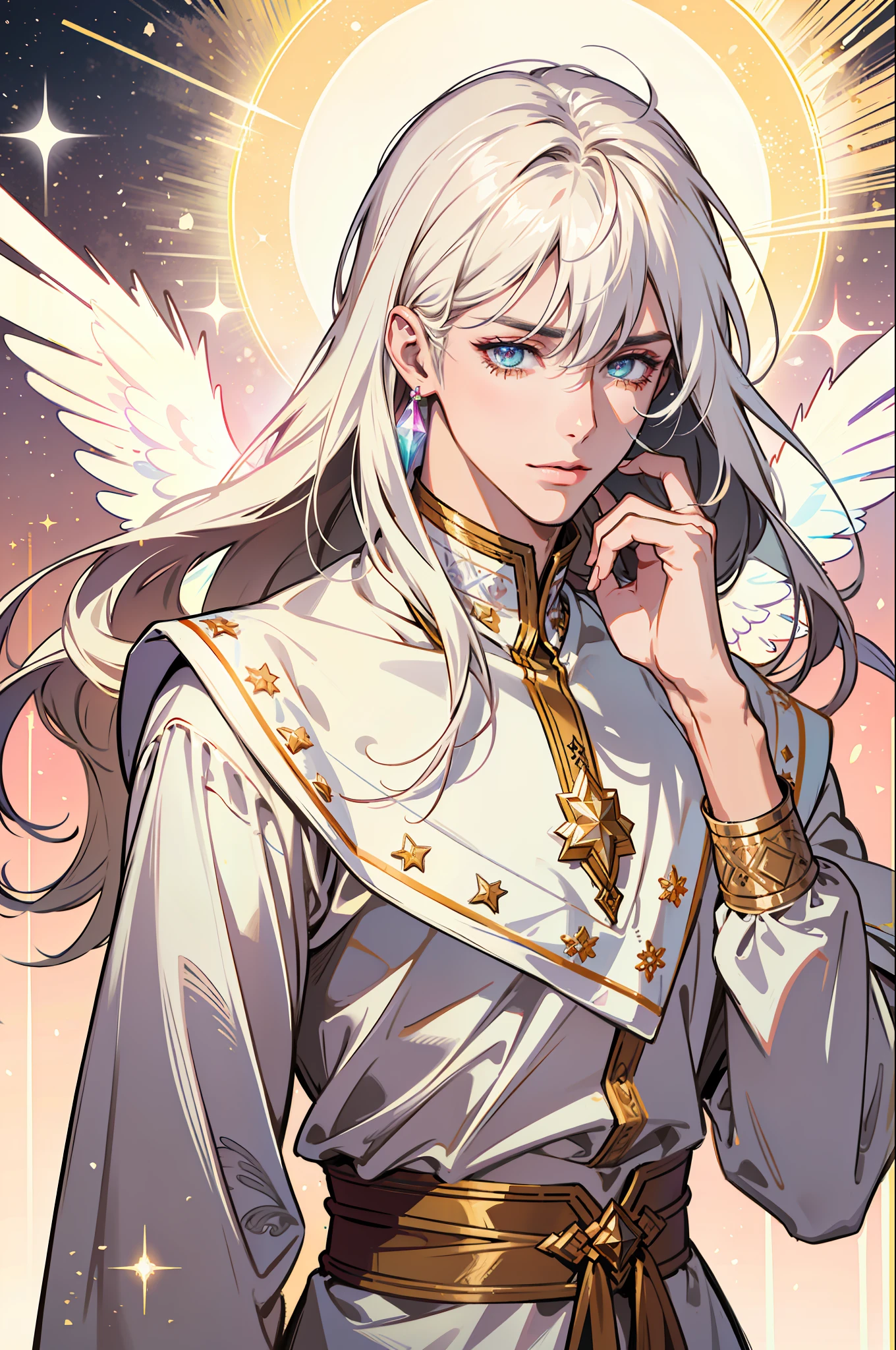 (absurdres, highres, ultra detailed), 1 male, adult, handsome, tall muscular guy, broad shoulders, finely detailed eyes and detailed face, pastel color long hair, fantasy, complex pattern, detailed face, angel wings, lens flare, colorful, glow white particles, white robe, gold bracelets and accessories, prism, glowing, glitter, particles, bloom, likes to celebrate and have fun, enjoys nature, bright and optimistic outlook, creative and adventurous spirit, represents happiness and harmony