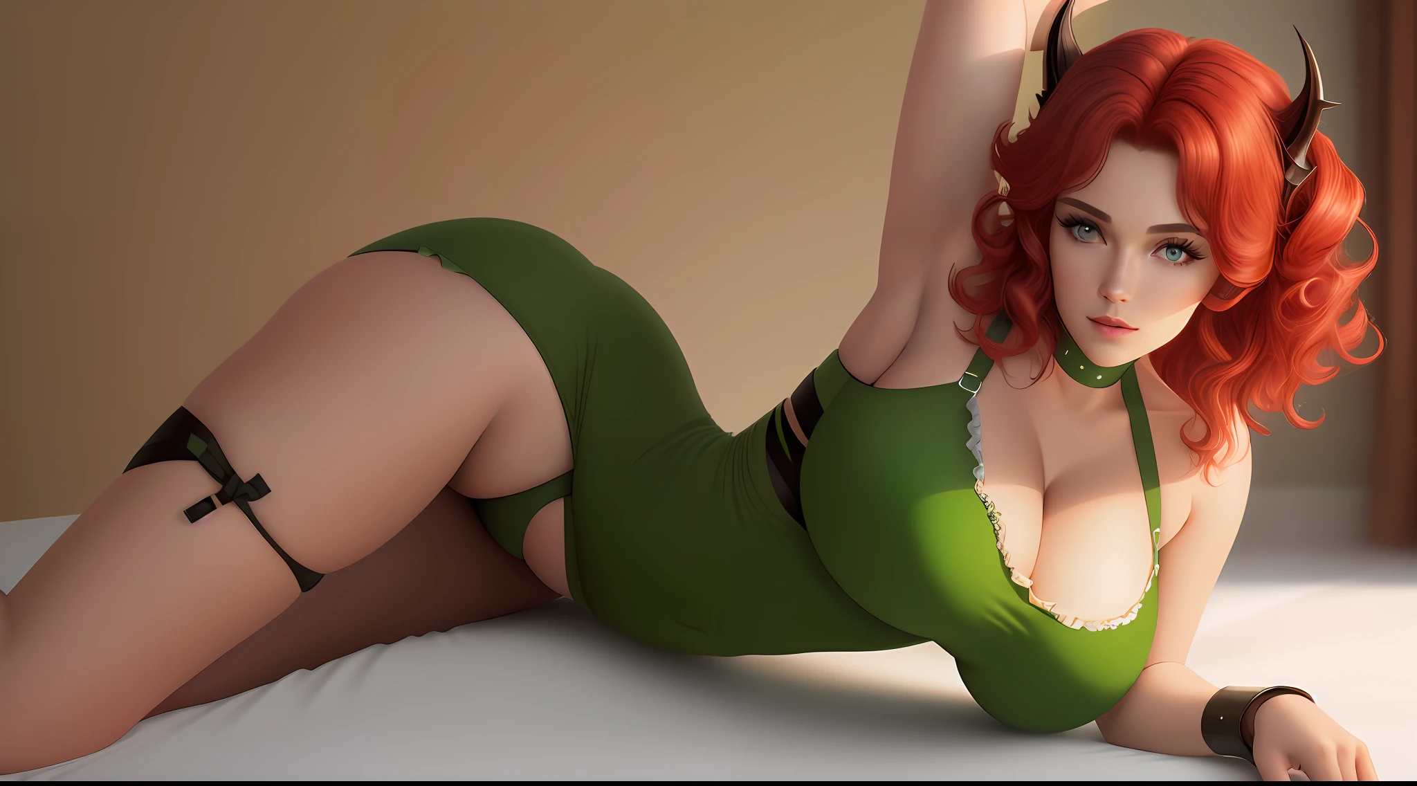 (ultra-realistic 4k wallpaper, best quality), breathtaking beauty with a seductive and provocative pose, emphasis on large and curvy breasts, short curly hair, captivating green eyes, and a glamorous overall appearance.