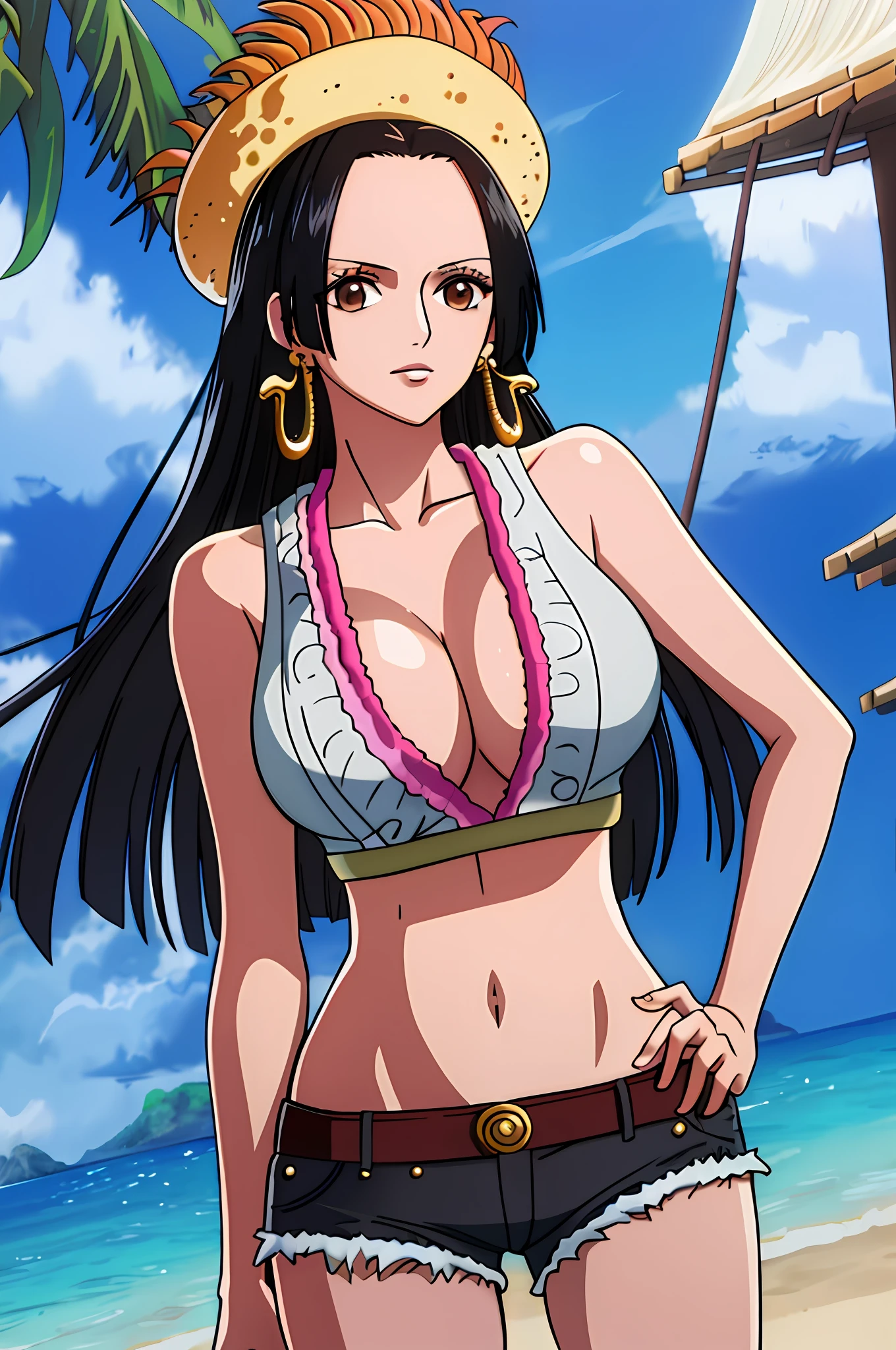 ((masterpiece)), ((best quality)),boa_hancock, (black hair), long hair, solo, brown eyes, ((gray crop top)), denim shorts, jewelry, nice hands on hips, tropical beach background, ((large breast)), very detailed, professional work, highres, mature woman
